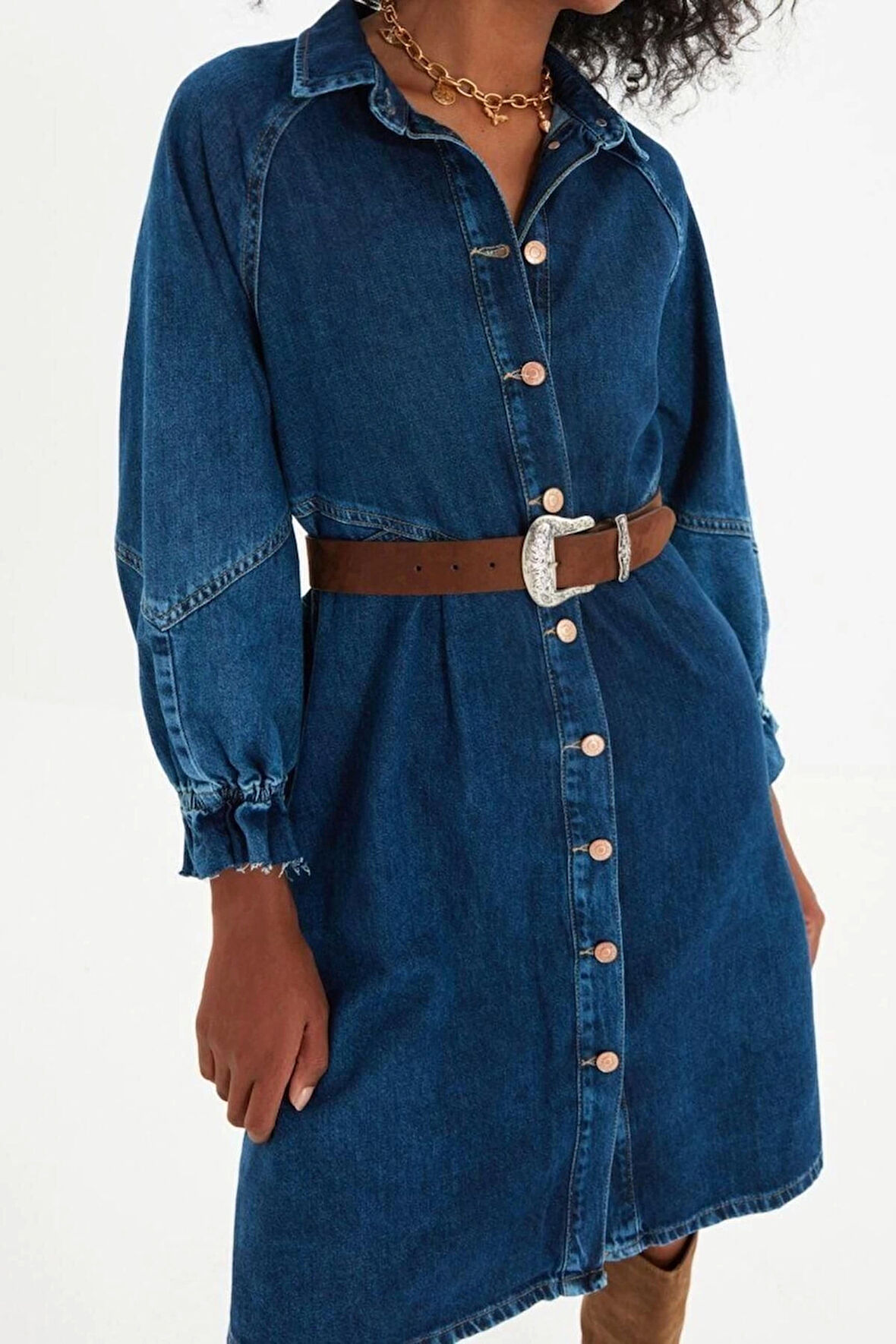 Moda Regular Casual Günlük Twill Denim Gömlek Yaka Uzun Kol A-Line Mini Boy Elbise