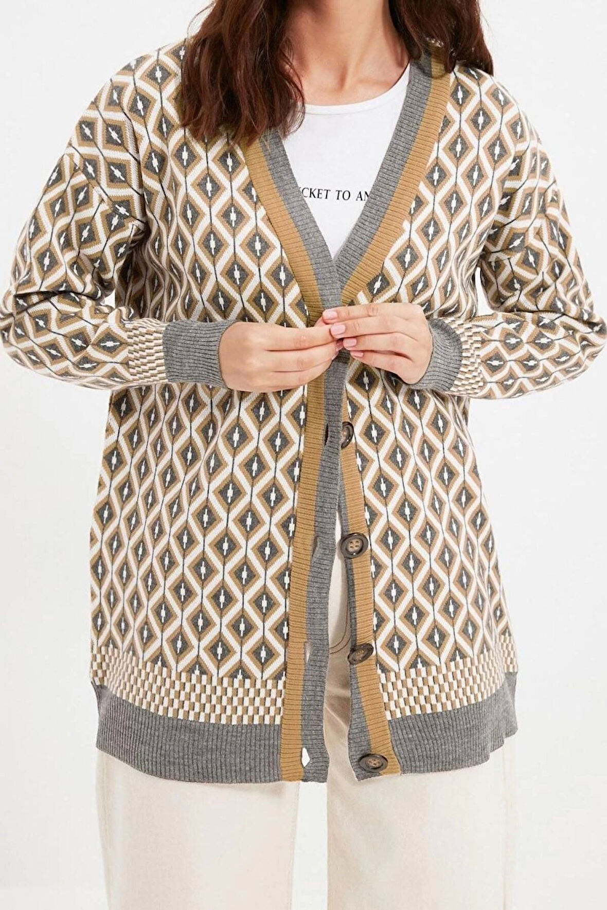 Kadın Modern Tarz Rahat Uzun V Yaka Geometrik Kol Regular Triko Hırka