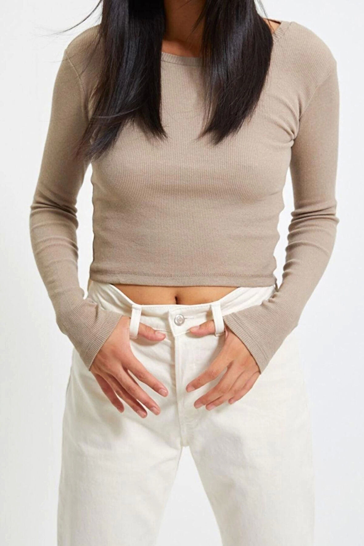 Moda Bisiklet Yaka Örme Slim Düz Desen Casual Günlük Crop Uzun Kol Bluz