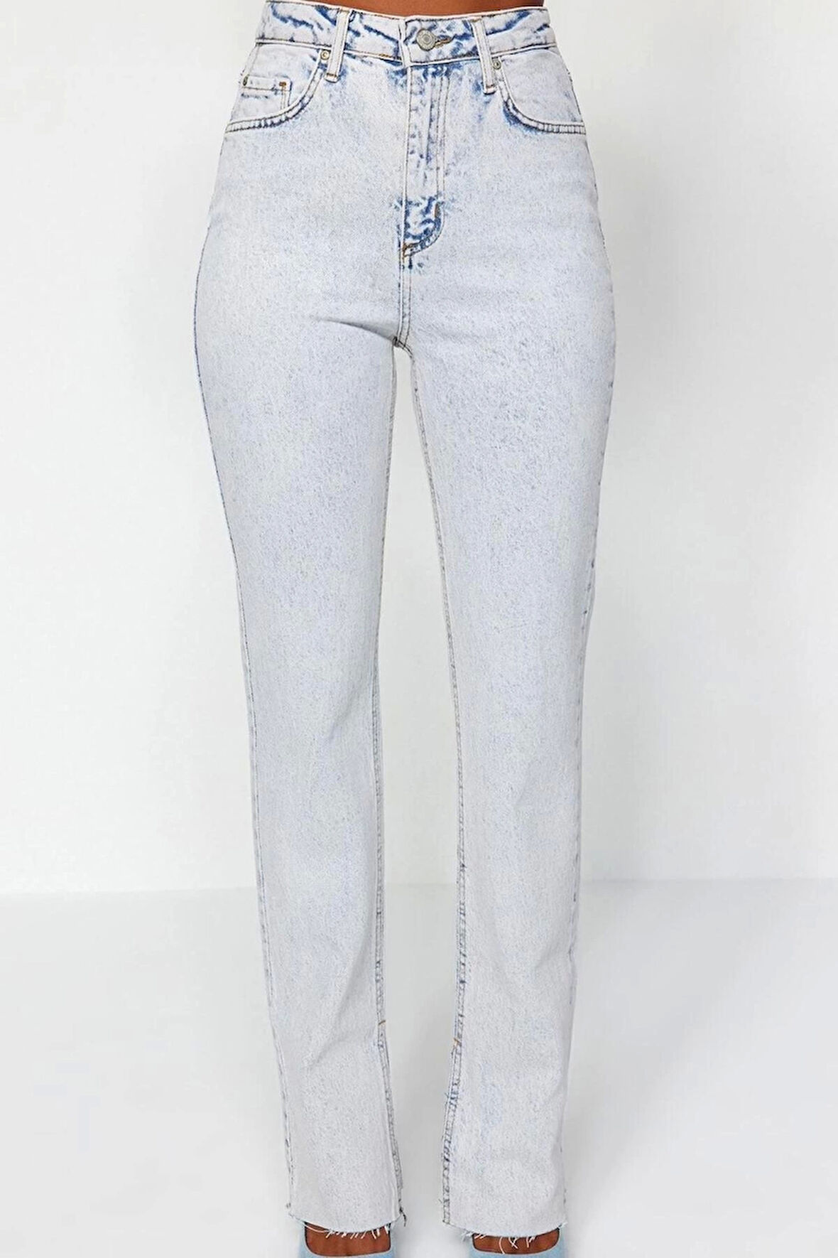 Stil Kadın Moda Denim Kot Pantolon Regular Boru Paça Yırtmaçlı Yüksek Bel Jeans