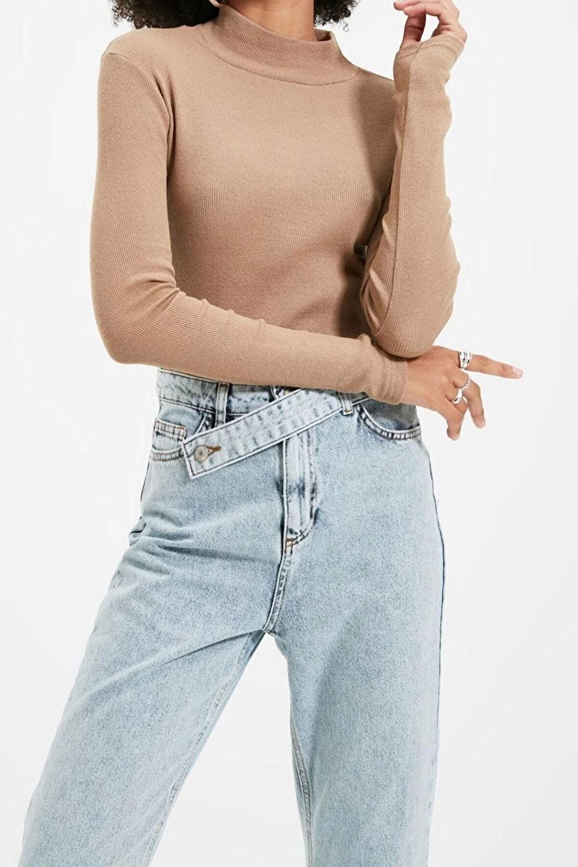 Moda Dik Yaka Örme Slim Düz Desen Casual Günlük Regular Uzun Kol Bluz