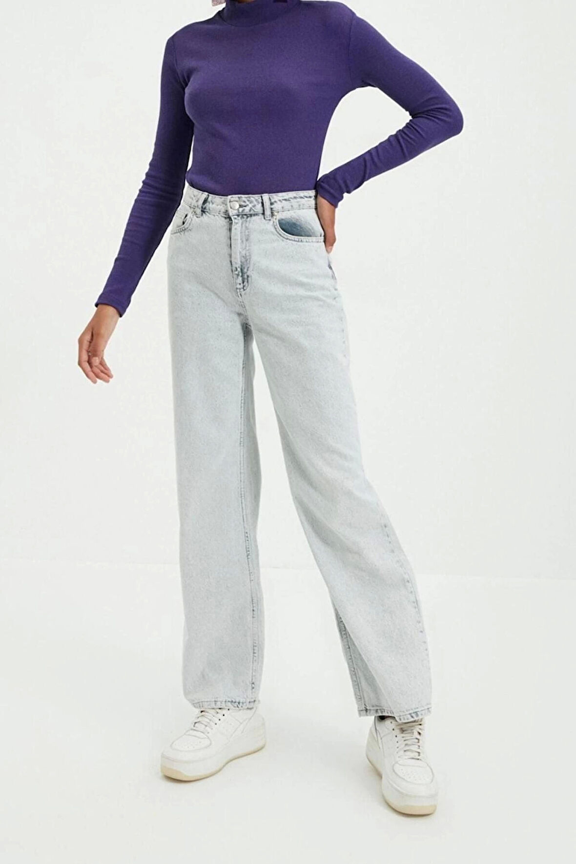 Moda Dik Yaka Örme Slim Düz Desen Casual Günlük Regular Uzun Kol Bluz