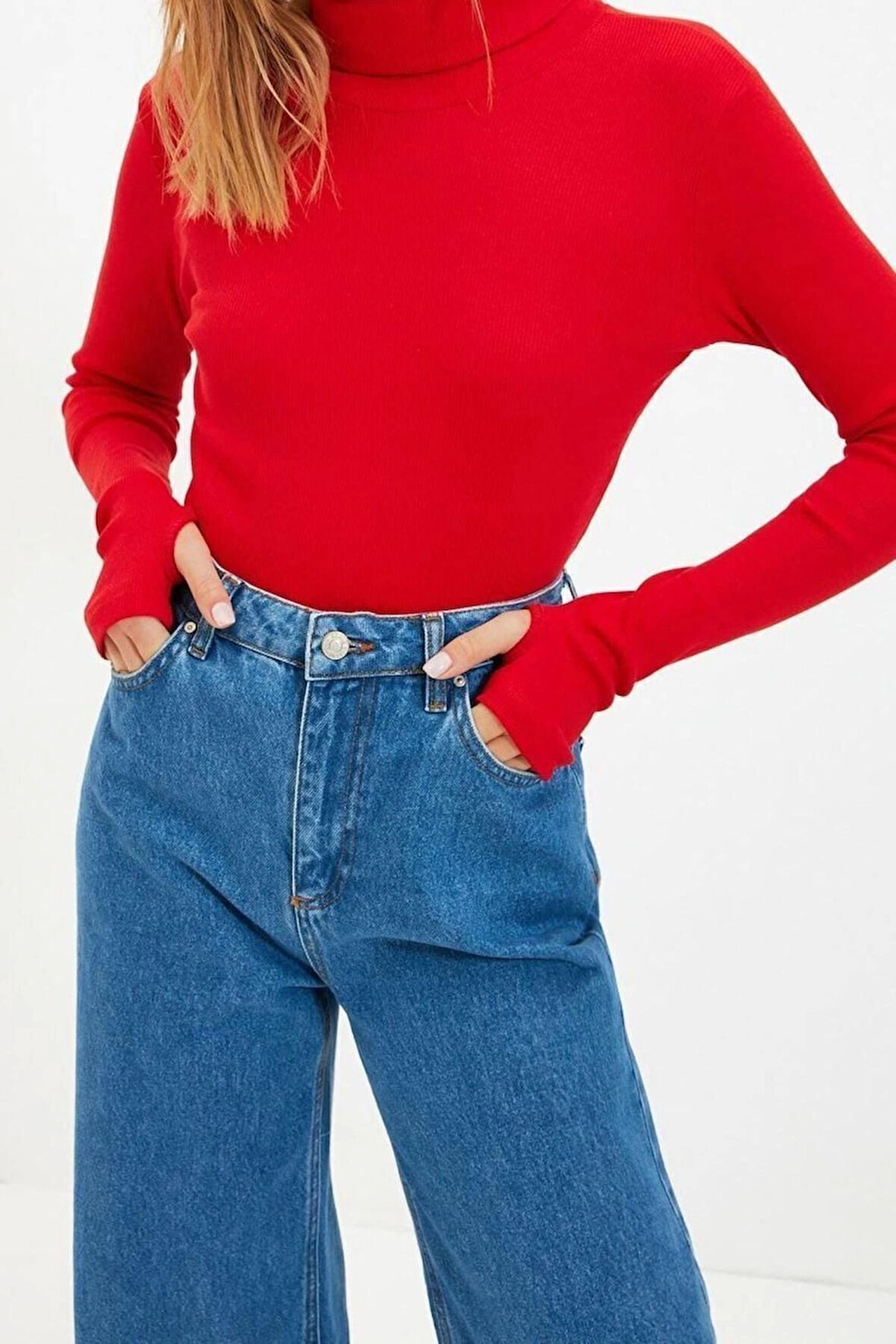 Moda Balıkçı Yaka Örme Slim Düz Desen Casual Günlük Crop Uzun Kol Bluz