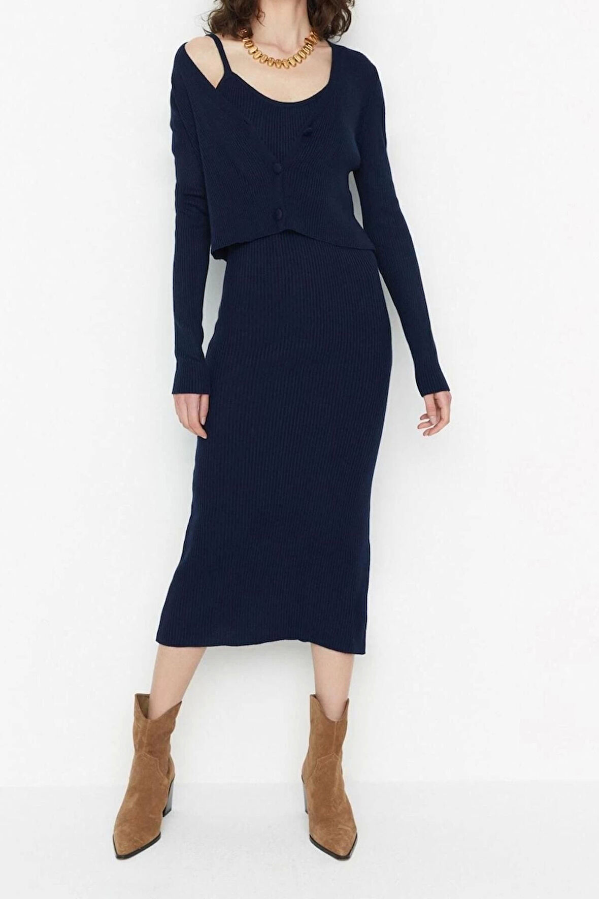 Moda Slim Casual Günlük Fitilli Triko V Yaka Uzun Kol Bodycone Midi Boy Elbise