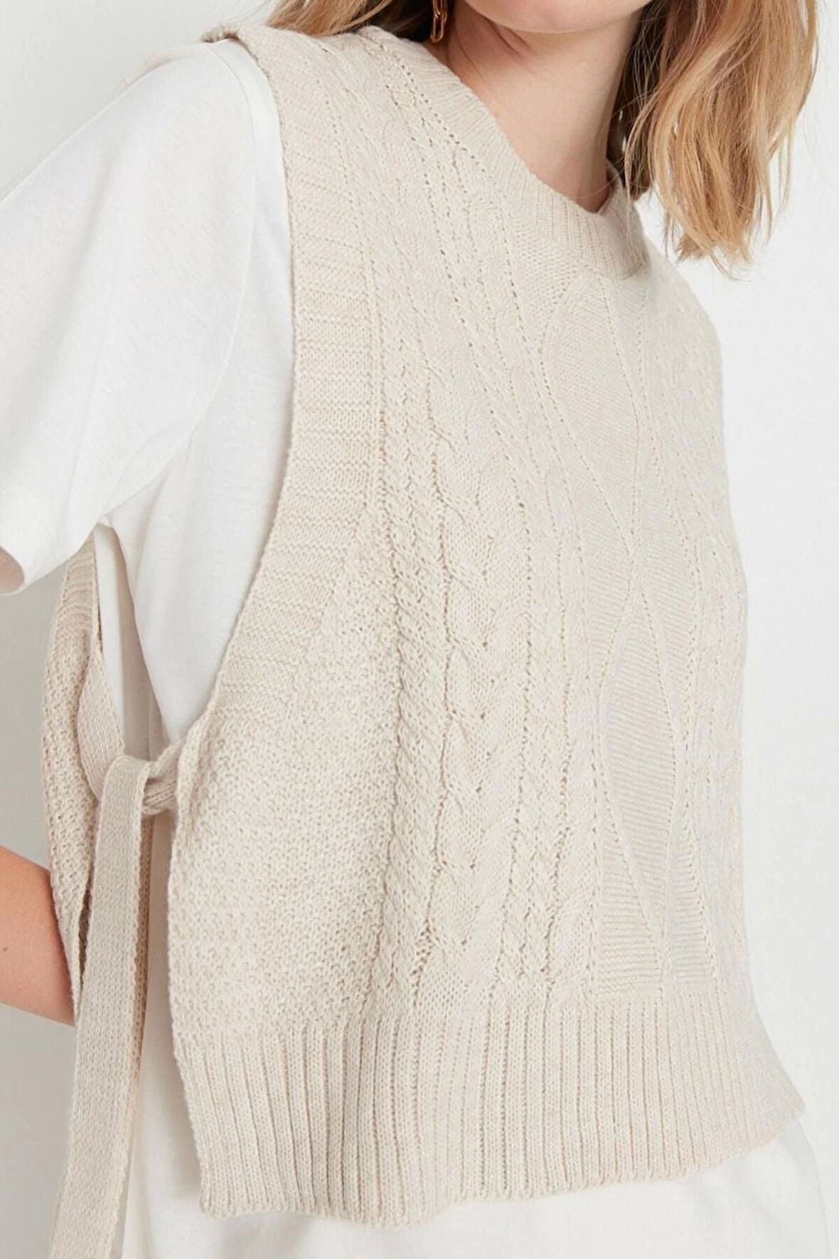 Kadın Modern Tarz Rahat Kolsuz Bisiklet Yaka Saç Örgü Kol Crop Triko Süveter