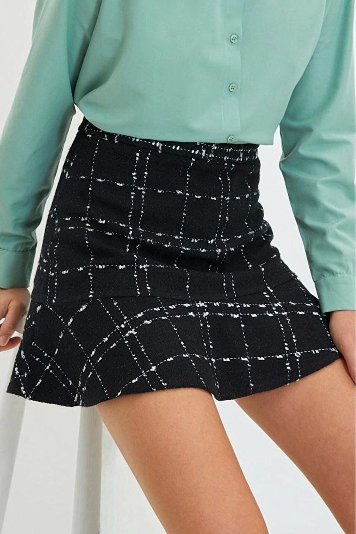 Moda A-line Ekose Desen Günlük Mini Boy Etek Ucu Volanlı Tüvit Kumaş Mini Dokuma Etek