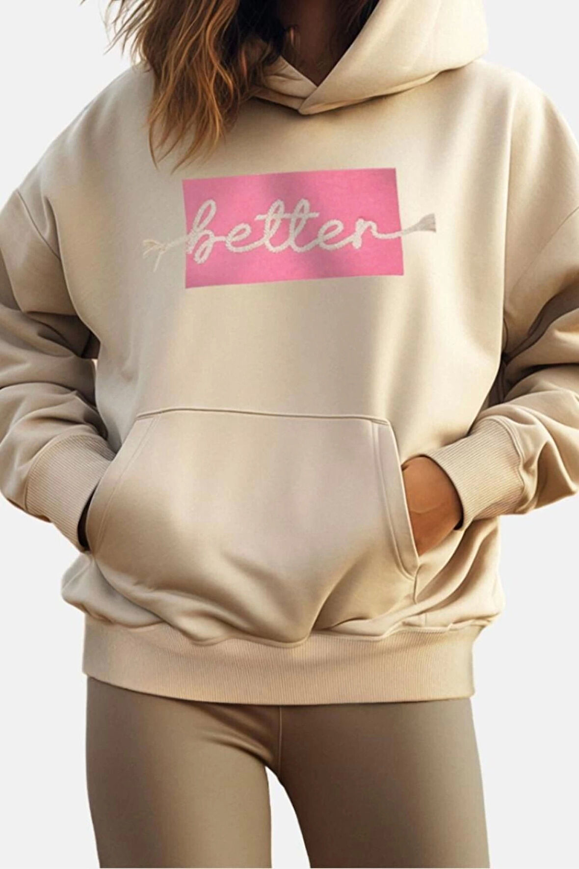 Tarz Bol Kapüşonlu Düşük Kol Uzun Kalın İçi Polarlı Nakışlı Geniş Kalıp Cepli Örme Sweatshirt