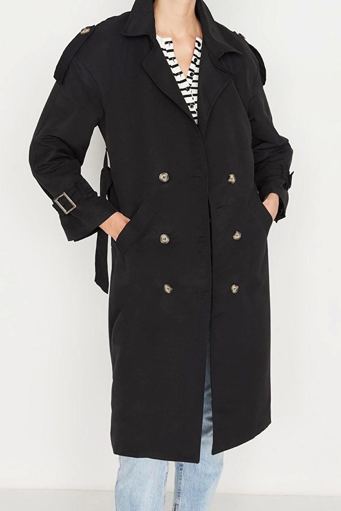 Tasarım Düz Astarlı Yaka Uzun Oversize Ceket Kadın Oversize Kuşaklı Trençkot
