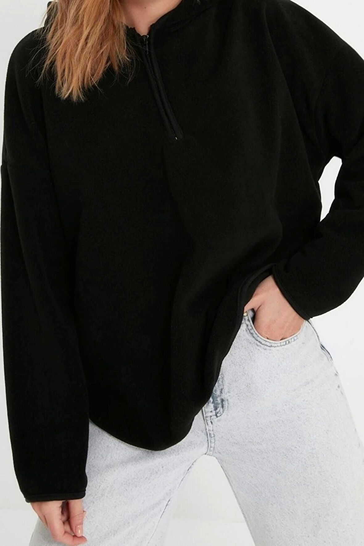 Tarz Bol Kapüşonlu Düşük Kol Uzun Kalın Polar ve Fermuarlı Geniş Kalıp Örme Sweatshirt