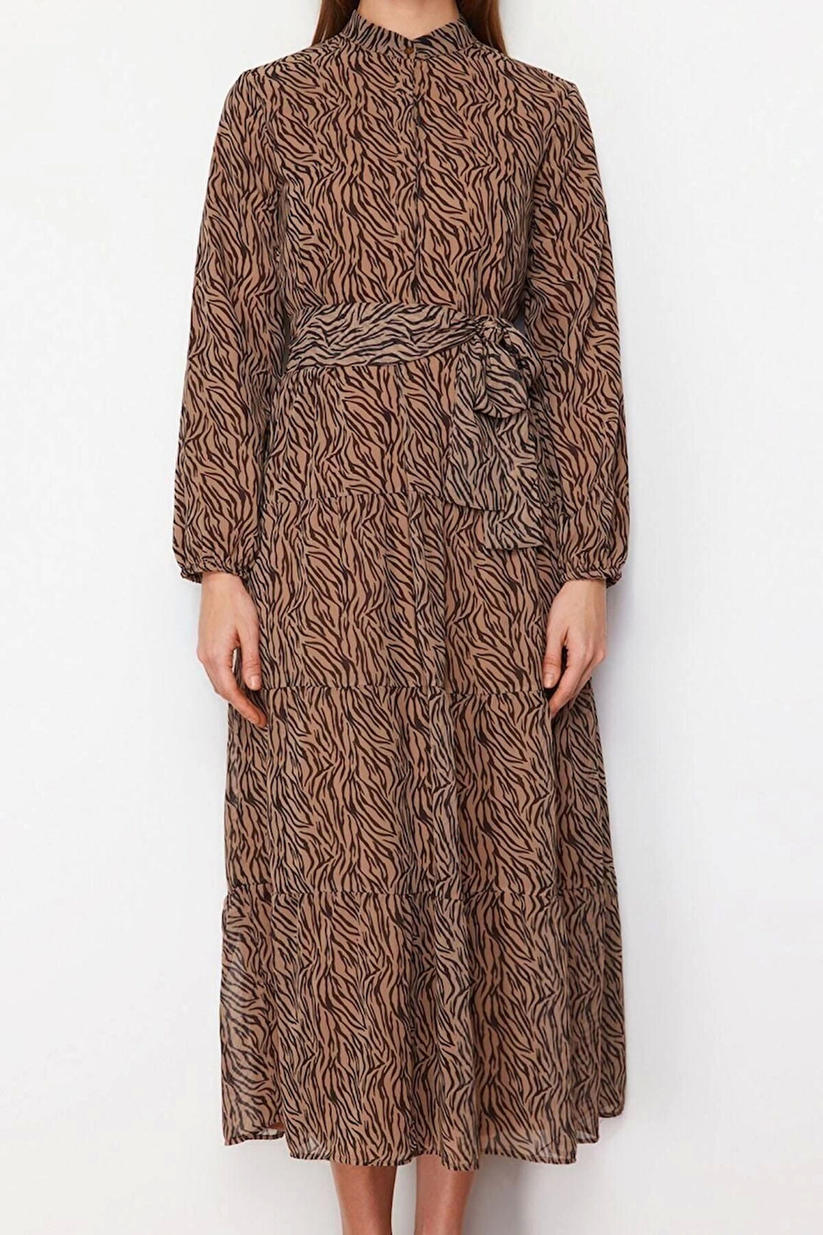 Moda Rahat Casual Günlük Şifon Dokuma Dik Yaka Uzun Kol Basic Maxi Boy Tesettür Elbise