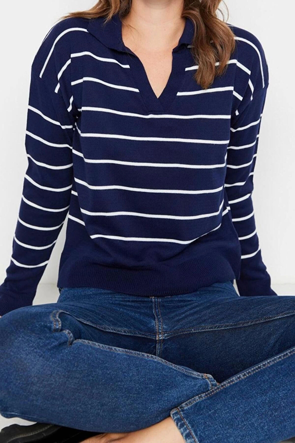 Kadın Modern Tarz Rahat Uzun Polo Yaka Çizgili Kol Regular Triko Kazak