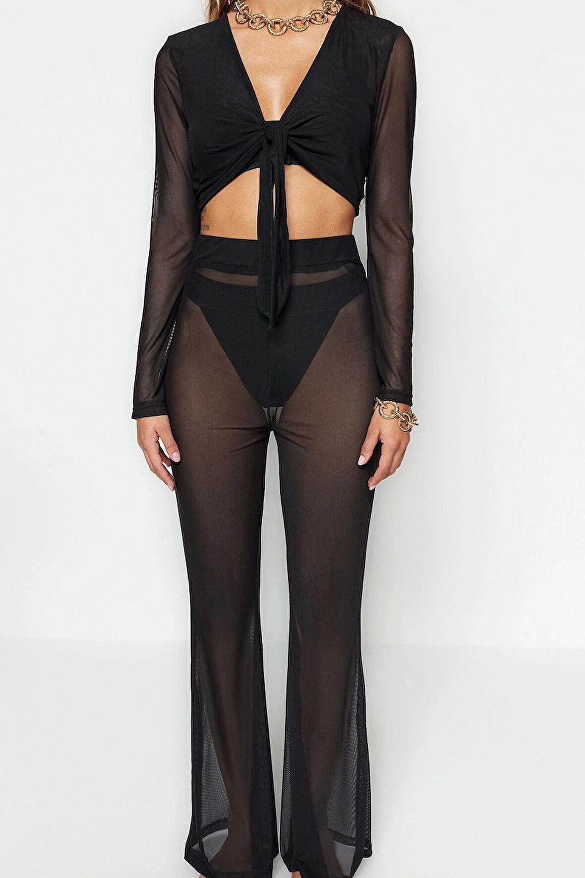 Moda Dokuma Geometrik V Yaka Plaj Siyah Örme Bağlamalı Mesh Bluz Pantolon Takım