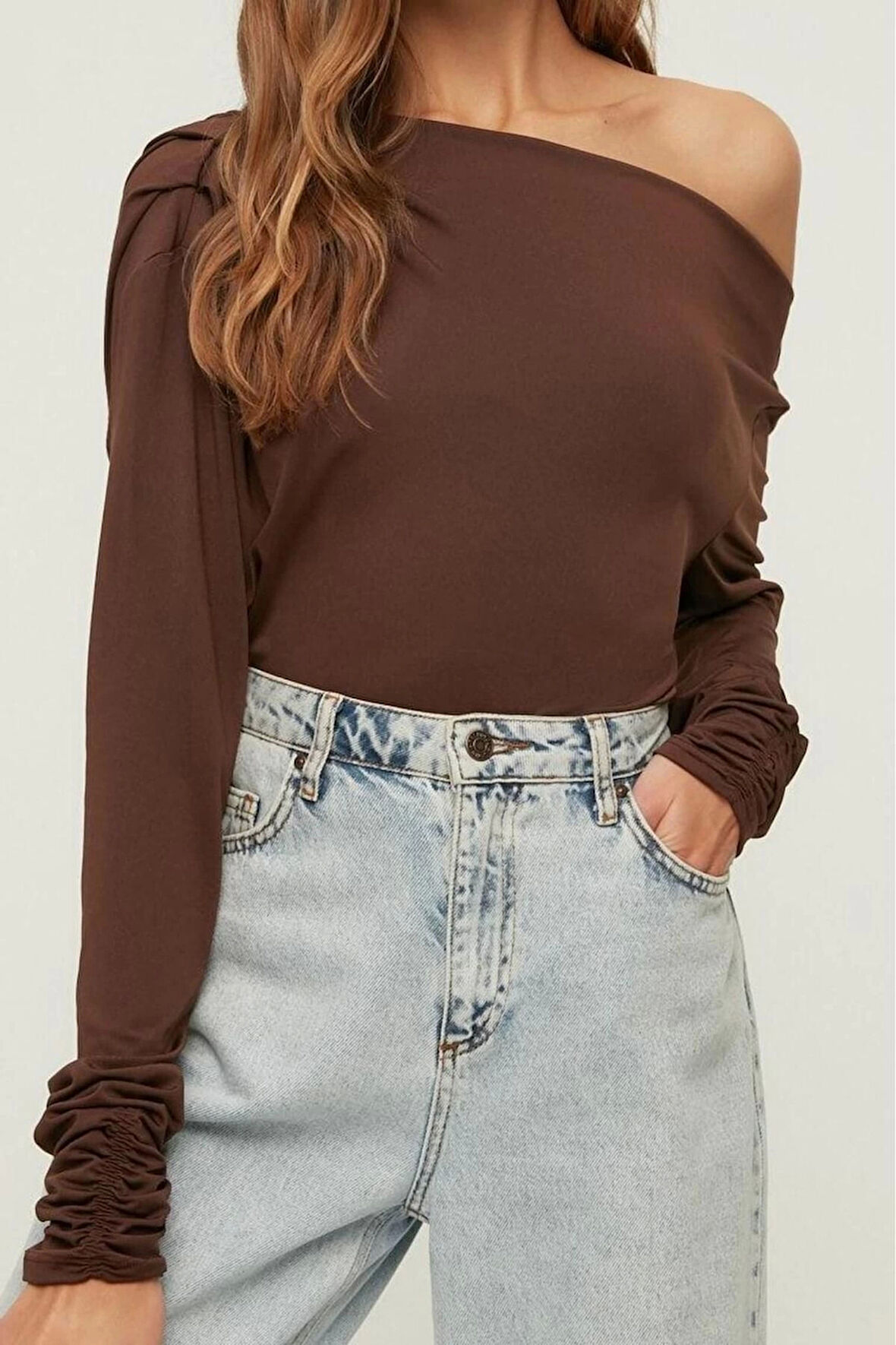 Stil Kadın Dökümlü Esnek Bluz Regular Örme Regular Kalıp Büzgülü/Fırfırlı Kol