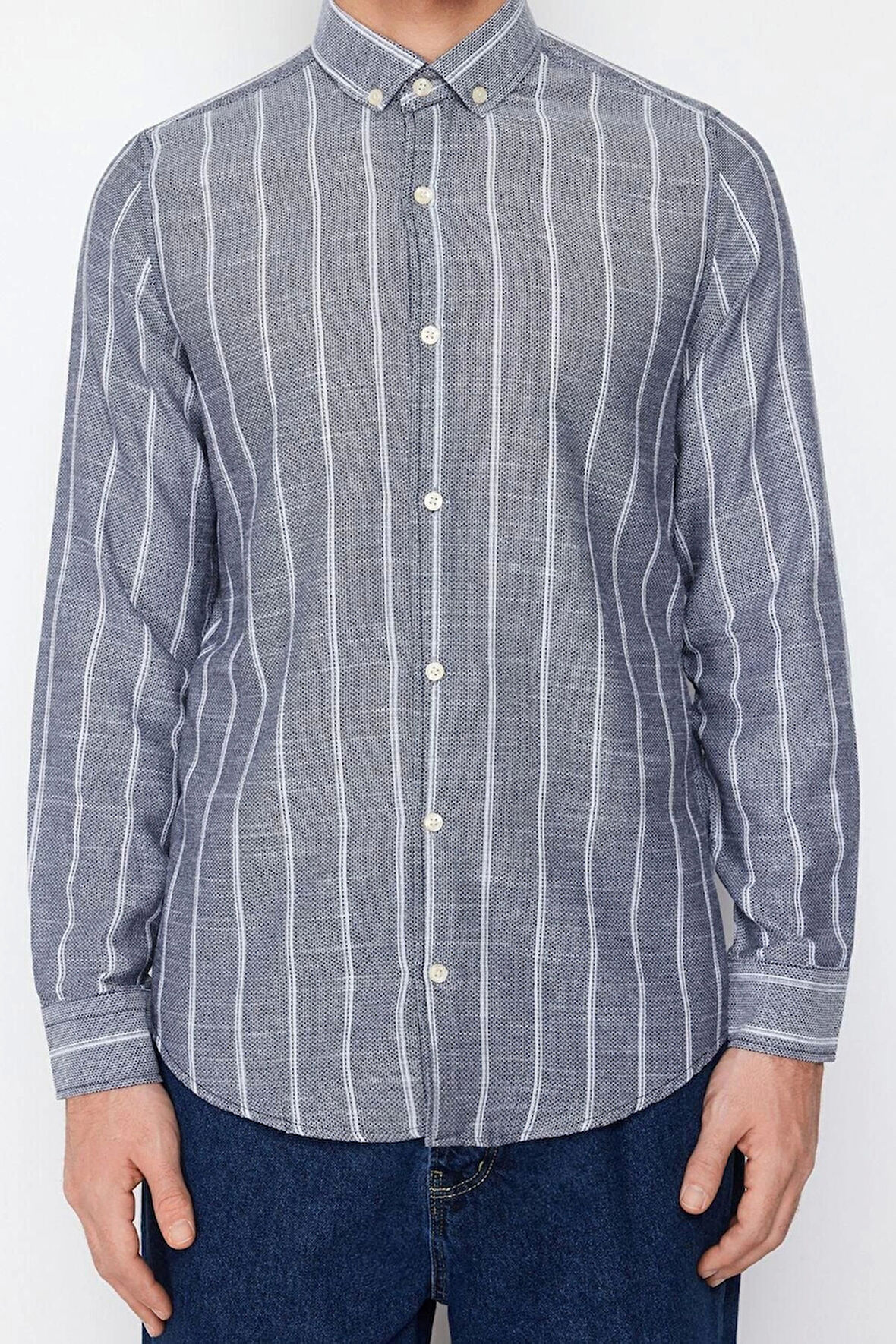 Moda Erkek Düğmeli Yaka Çizgili Desen Resmi Çizgili Gömlek