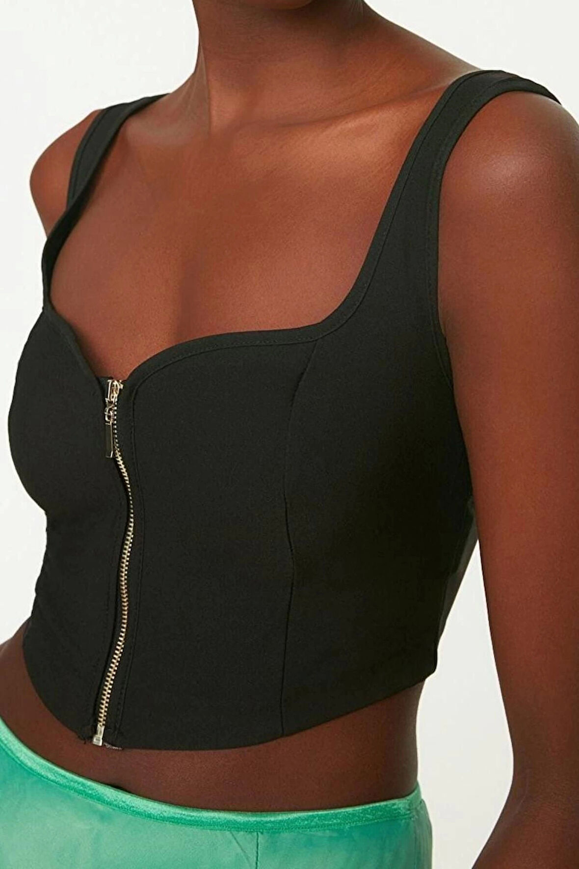Moda Kalp Yaka Dokuma Regular Düz Desen Şık gece Crop Askılı Kol Bluz
