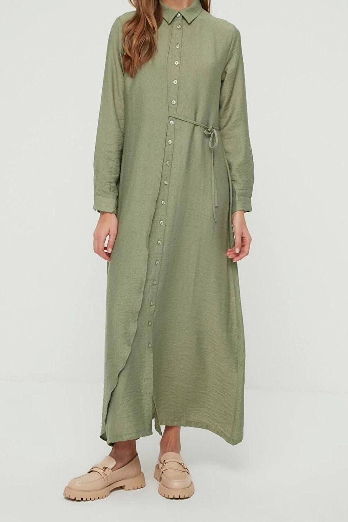 Moda Regular Günlük Keten Aerobin Dokuma Ceket Yaka Uzun Kol Gömlek Elbise Maxi Boy Tesettür Elbise