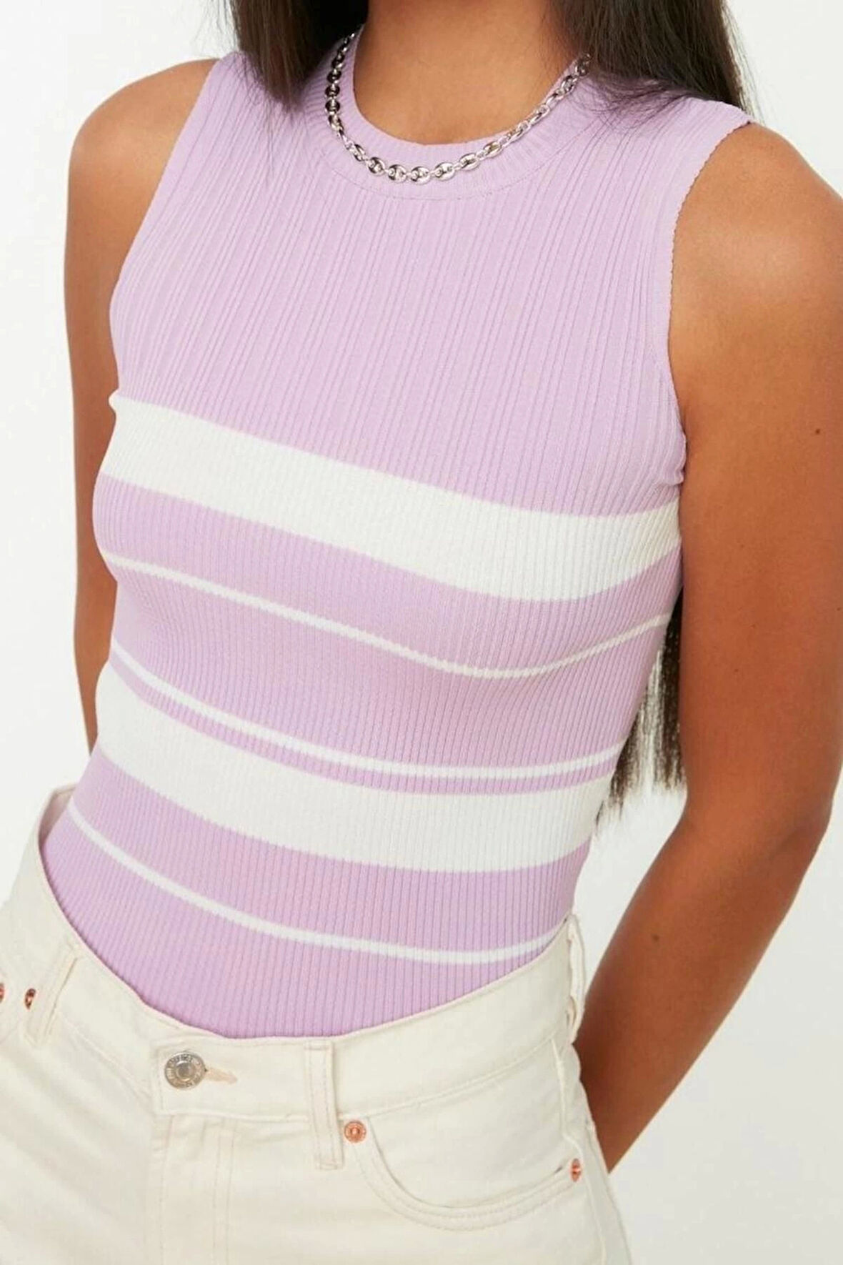 Moda Bisiklet Yaka Triko Slim Renk Bloklu Desen Casual Günlük Regular Kolsuz Bluz