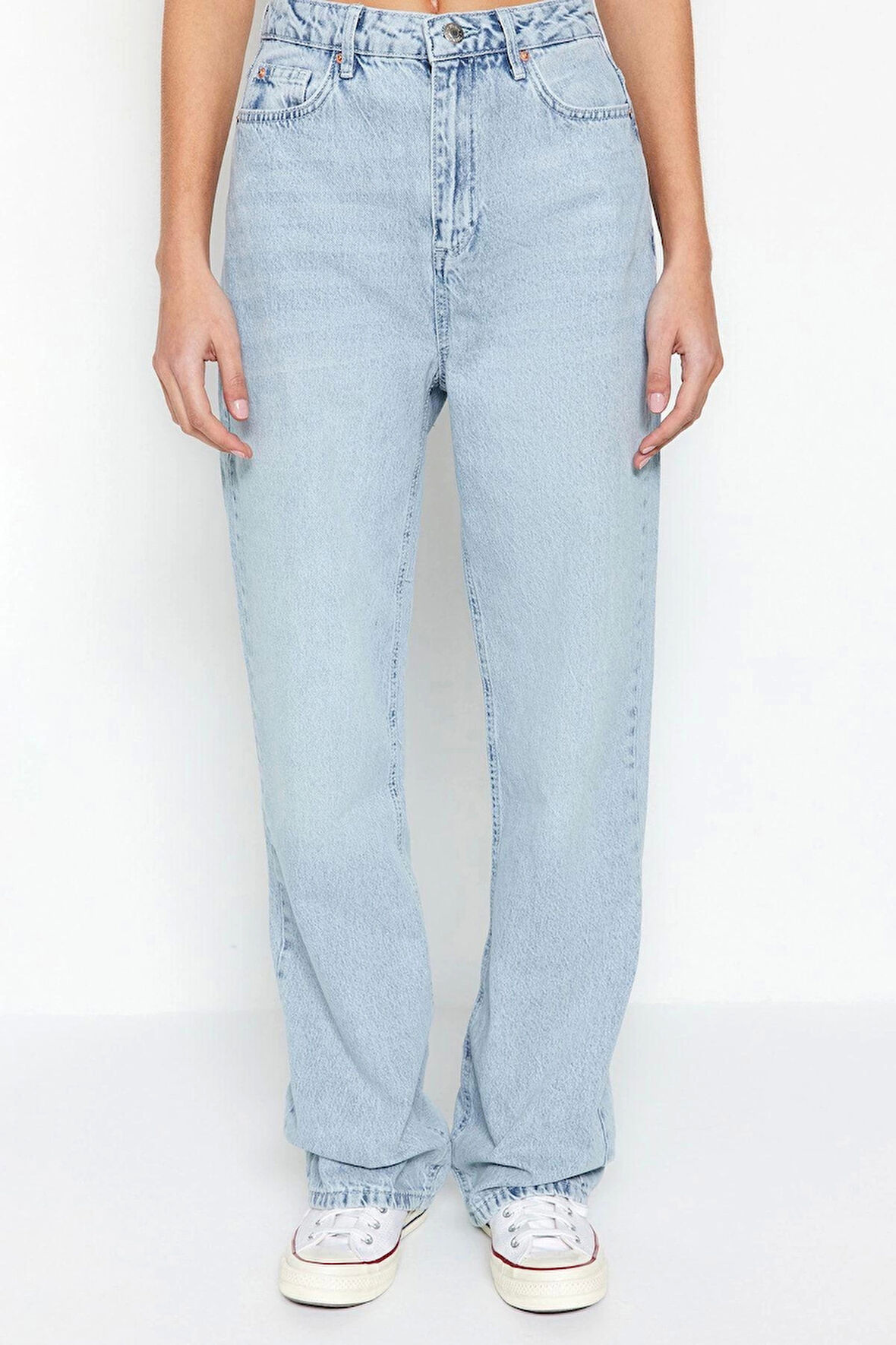 Stil Kadın Moda Denim Kot Pantolon Regular Geniş Paça Lacivert Yüksek Bel Straight Jeans