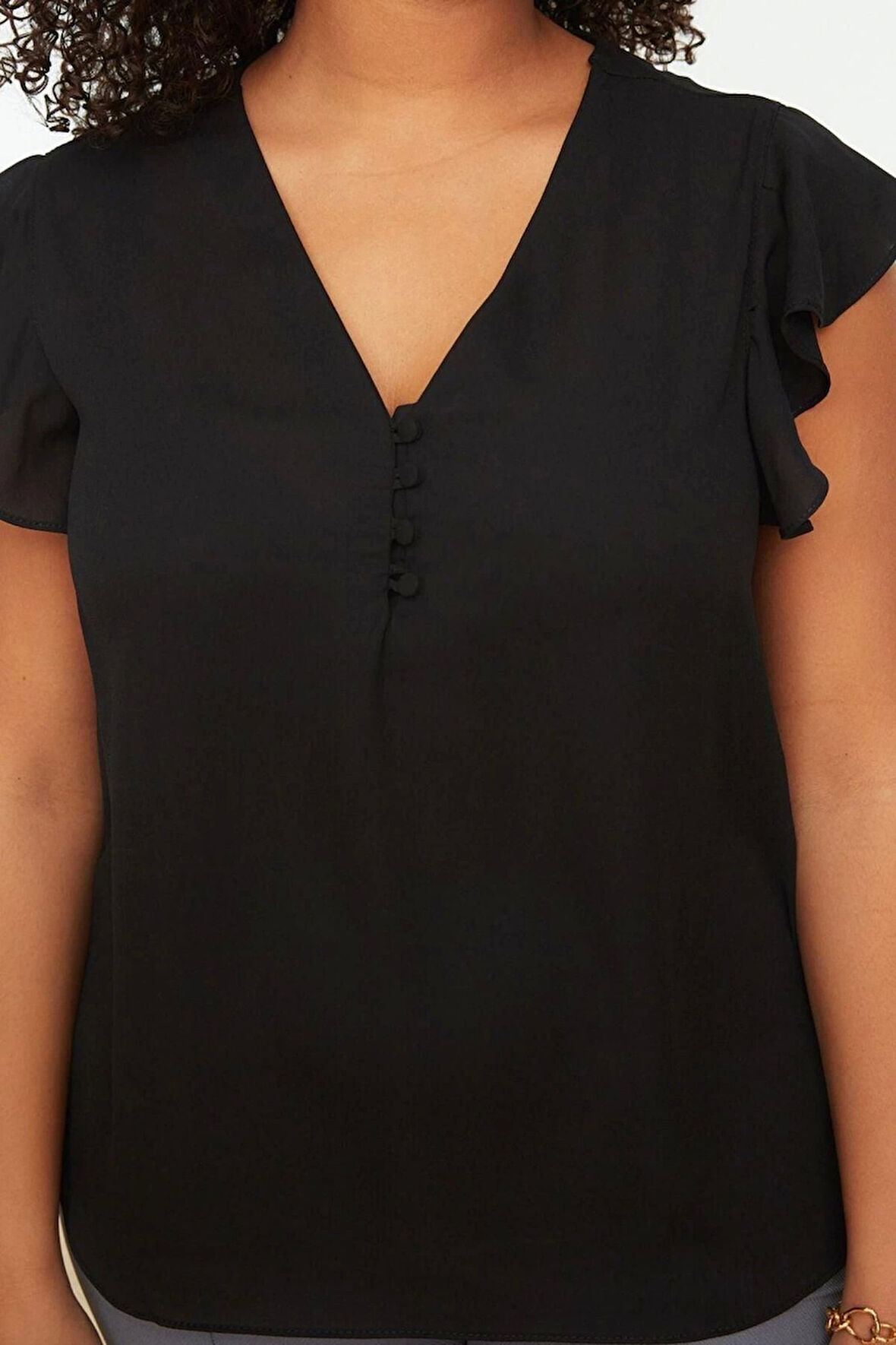 Moda Büyük Beden V Yaka Dokuma Regular Düz Desen Casual Günlük Regular Kısa Kol Bluz