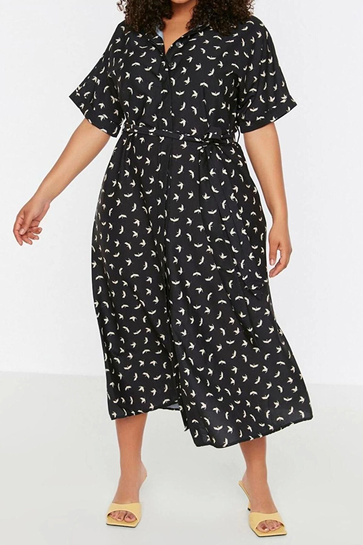 Moda Fit Casual Günlük Shally Dokuma Gömlek Yaka Kısa Kol Gömlek Elbise Midi Boy Büyük Beden Elbise