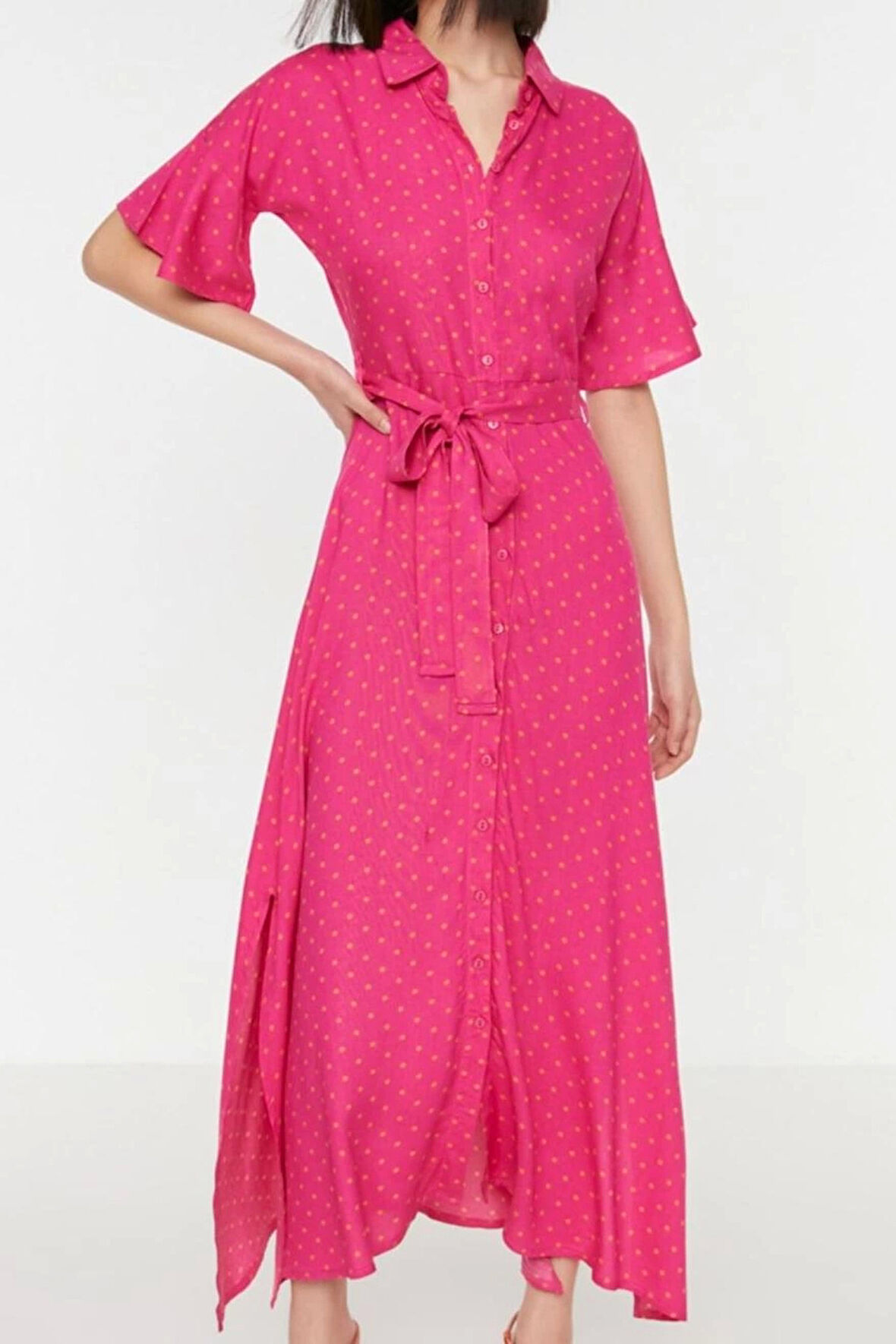 Moda Regular Casual Günlük Shally Dokuma Gömlek Yaka Kısa Kol Gömlek Elbise Midi Boy Elbise