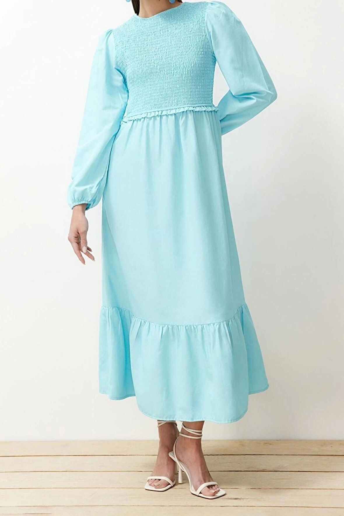 Moda Regular Casual Günlük Terrycotton Dokuma Bisiklet Yaka Uzun Kol A-Line Maxi Boy Tesettür Elbise