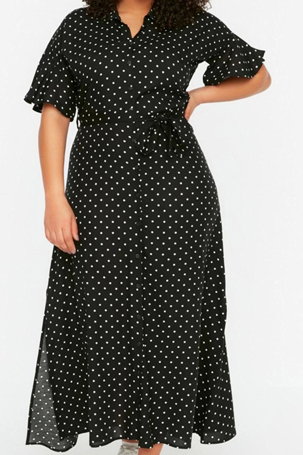 Moda Rahat Casual Günlük Shally Dokuma Gömlek Yaka Kısa Kol A-Line Maxi Boy Büyük Beden Elbise