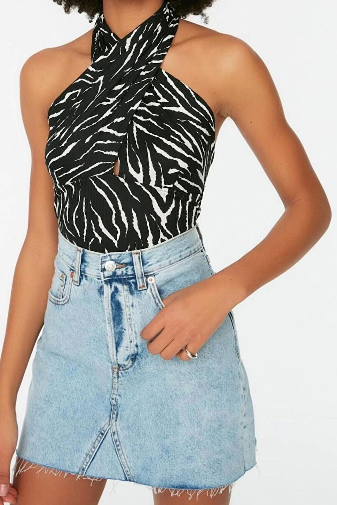 Moda Boyundan Bağlamalı Örme Slim Animal Desen Casual Günlük Crop Kolsuz Bluz