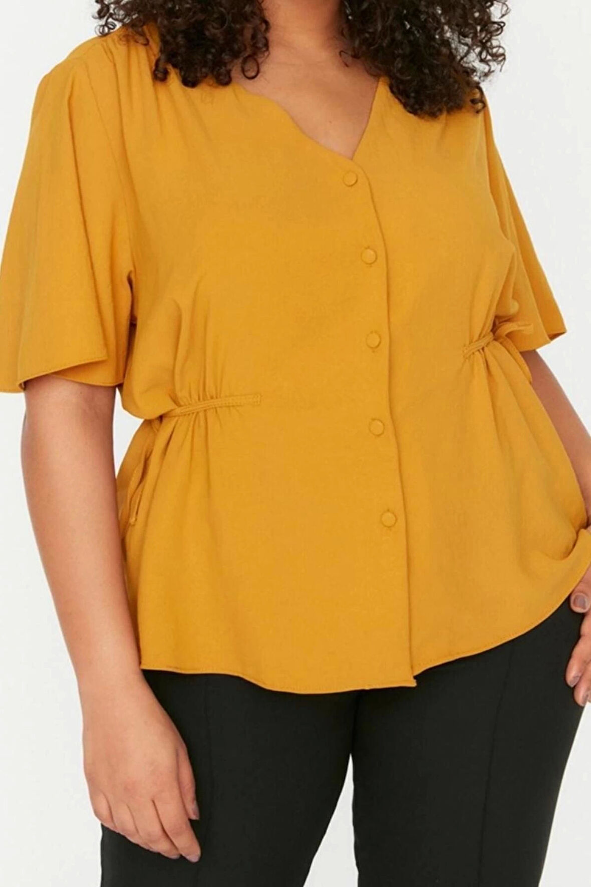 Moda Büyük Beden V Yaka Dokuma Regular Düz Desen Casual Günlük Regular Kısa Kol Bluz