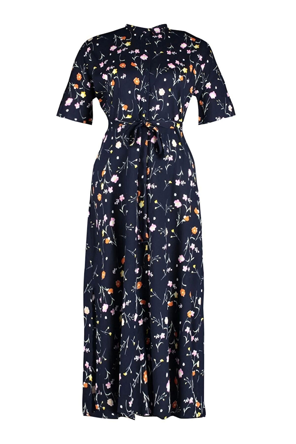 Moda Rahat Casual Günlük Viskon Dokuma Gömlek Yaka Kısa Kol A-Line Maxi Boy Büyük Beden Elbise