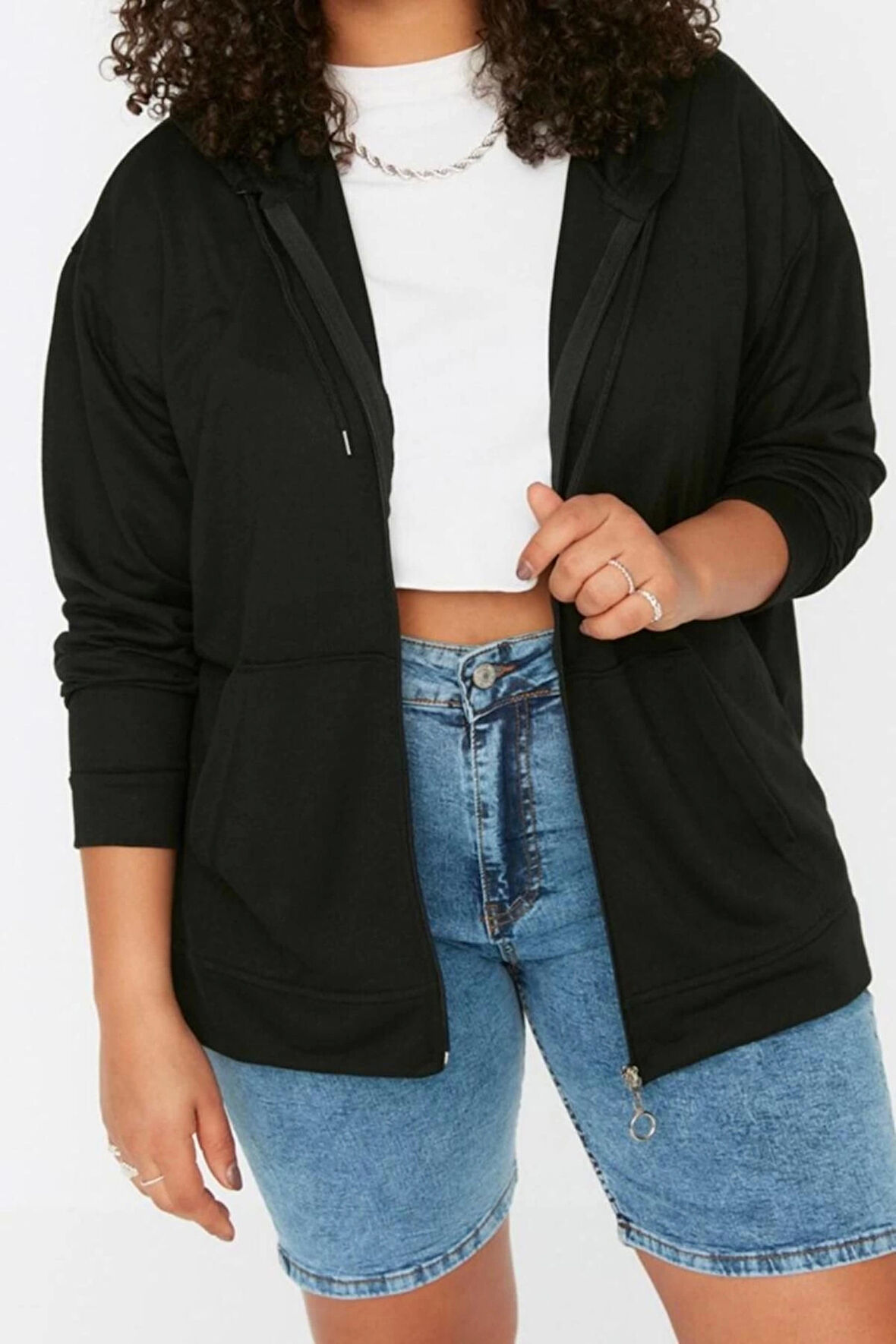 Büyük Beden Tarz Relaxed Kapüşonlu Düşük Kol Uzun Fermuarlı İnce Örme Sweatshirt