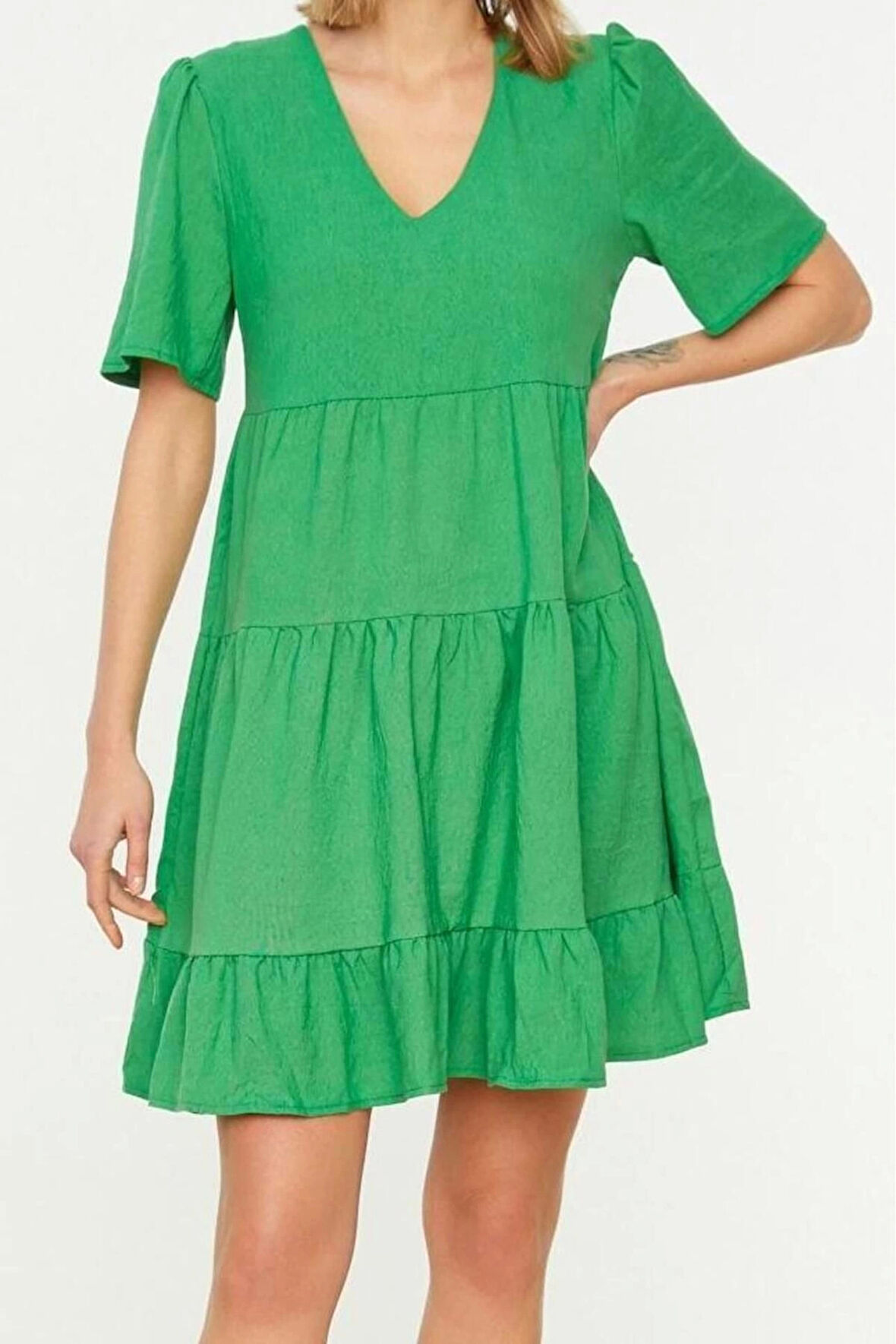 Moda Regular Casual Günlük Aerobin Dokuma V Yaka Kısa Kol Shift Mini Boy Elbise