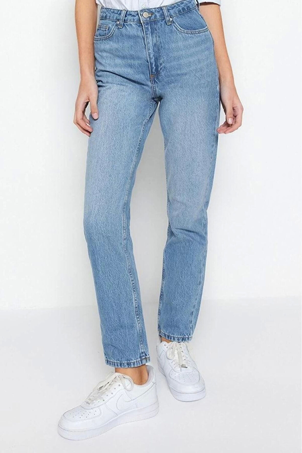 Stil Kadın Moda Denim Kot Pantolon Regular Boru Paça Mavi Yüksek Bel Straight Jeans