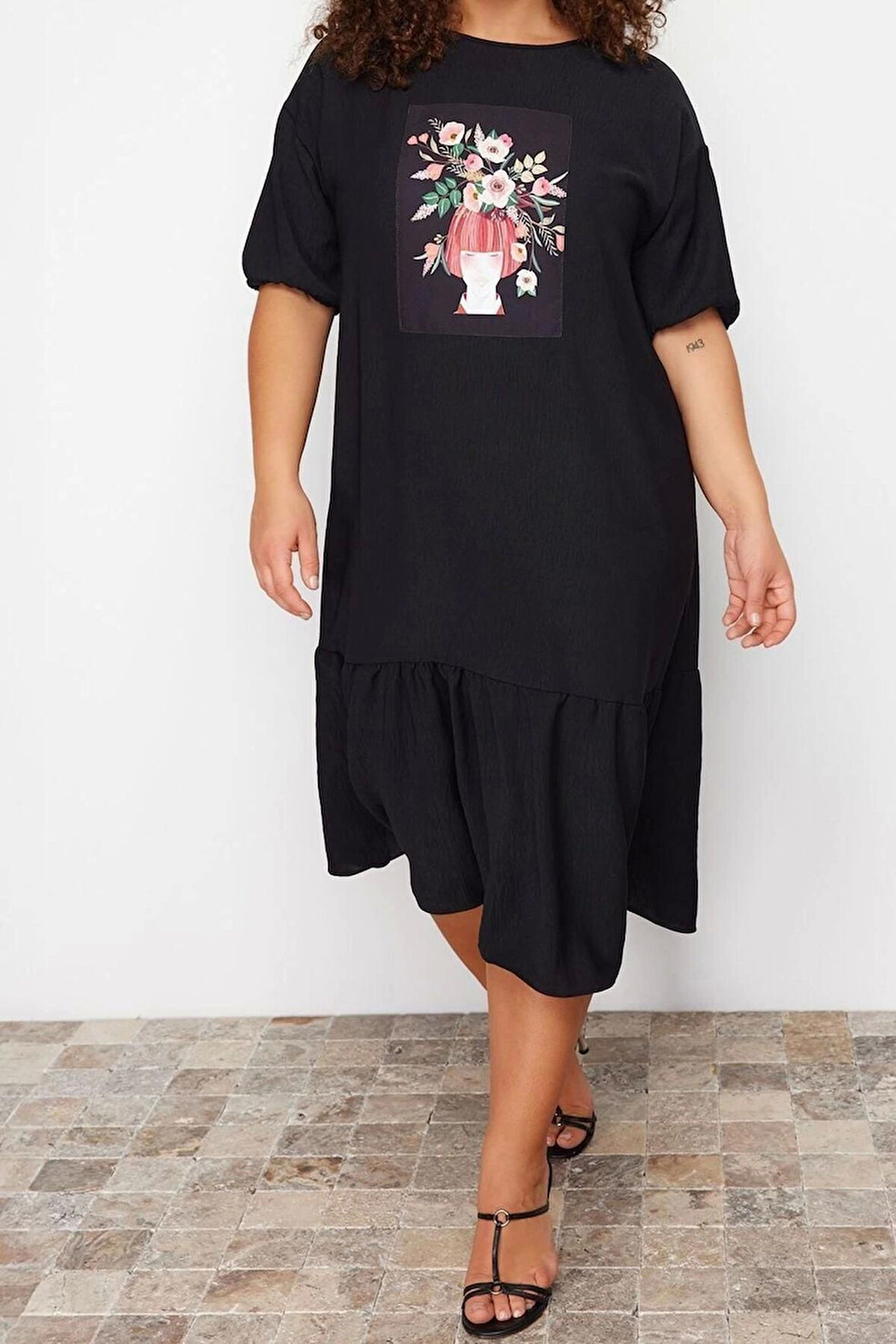 Moda Rahat Casual Günlük Queen Crep Dokuma Bisiklet Yaka Kısa Kol Smock Midi Boy Büyük Beden Elbise