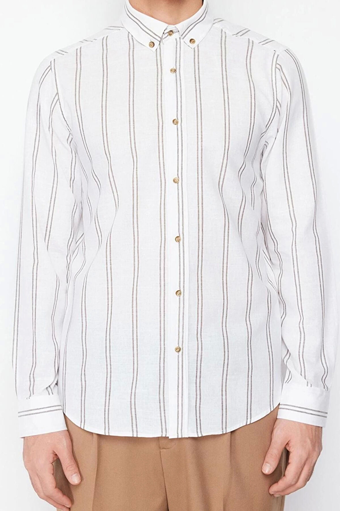 Moda Erkek Düğmeli Yaka Çizgili Desen Günlük İnce Çizgili Gömlek