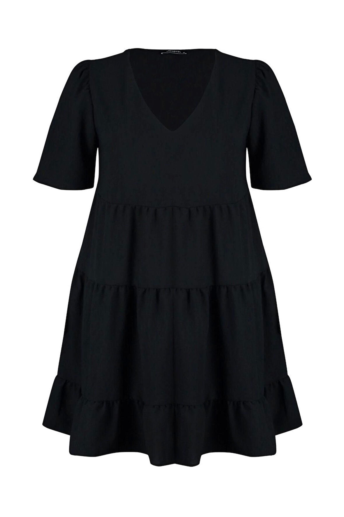 Moda Rahat Casual Günlük Aerobin Dokuma V Yaka Kısa Kol Smock Mini Boy Büyük Beden Elbise