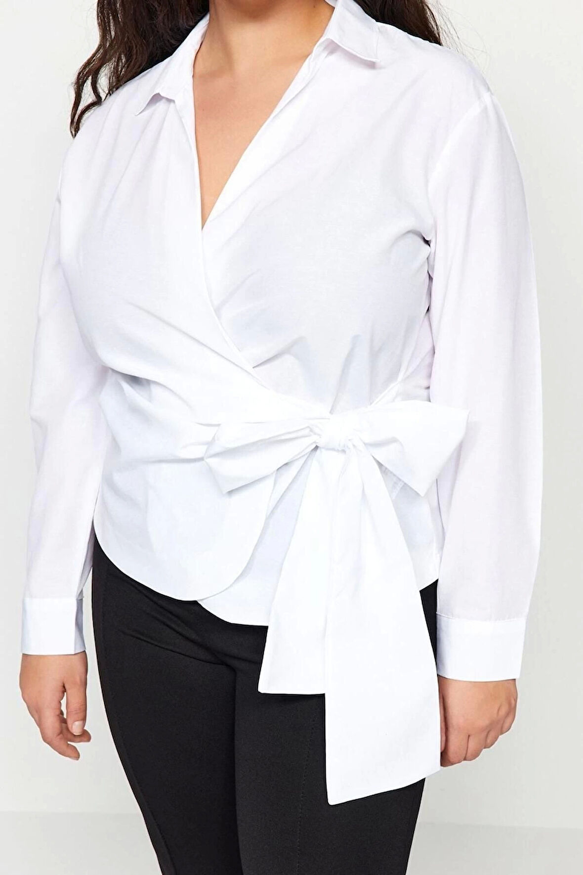 Moda Kadın Büyük Beden Kruvaze Düz Desen Günlük Kruvaze Bağlama Detaylı Dokuma Gömlek