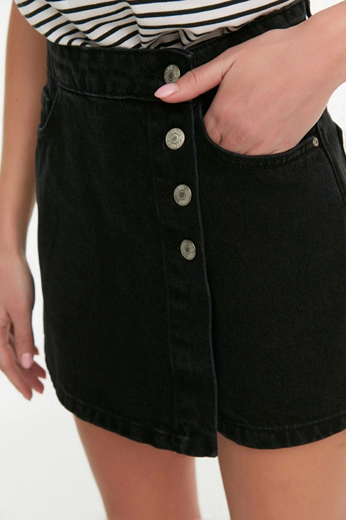 Moda Denim Normal Bel Boru Paça Gündelik Gri Düğme Detaylı Şort Etek