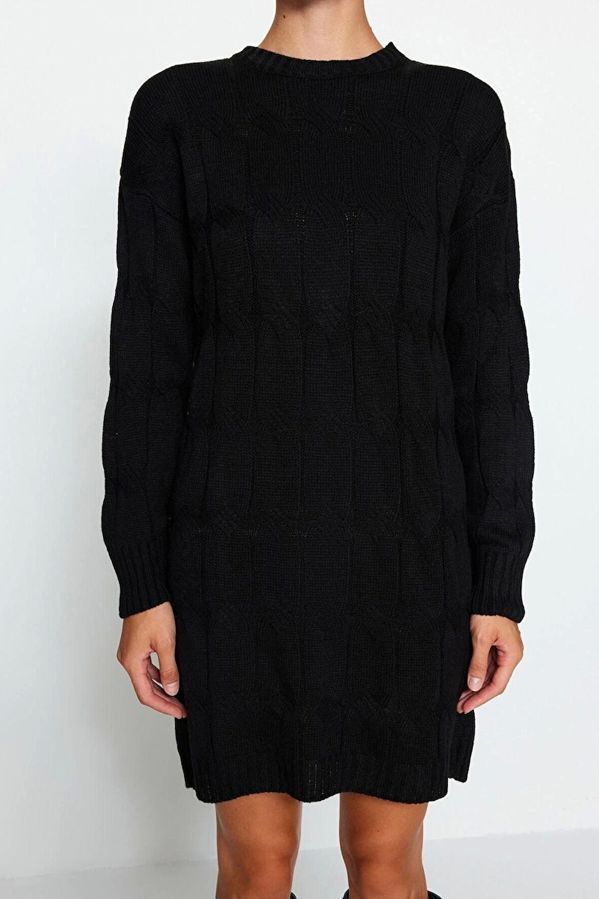 Moda Oversize Casual Günlük Çift Plaka Triko Bisiklet Yaka Uzun Kol Shift Mini Boy Elbise