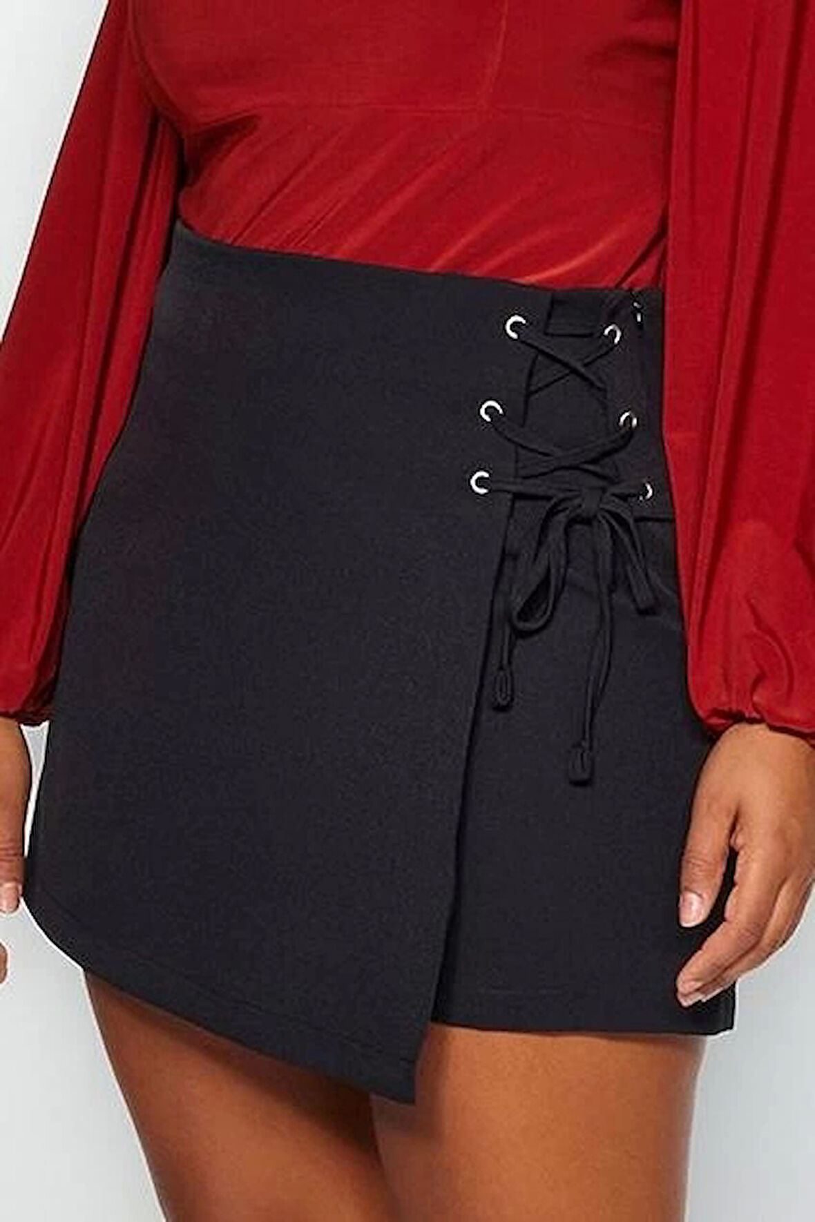 Büyük Beden Moda Dokuma Normal Bel Boru Paça Gündelik Gri Bağlamalı Şort Etek