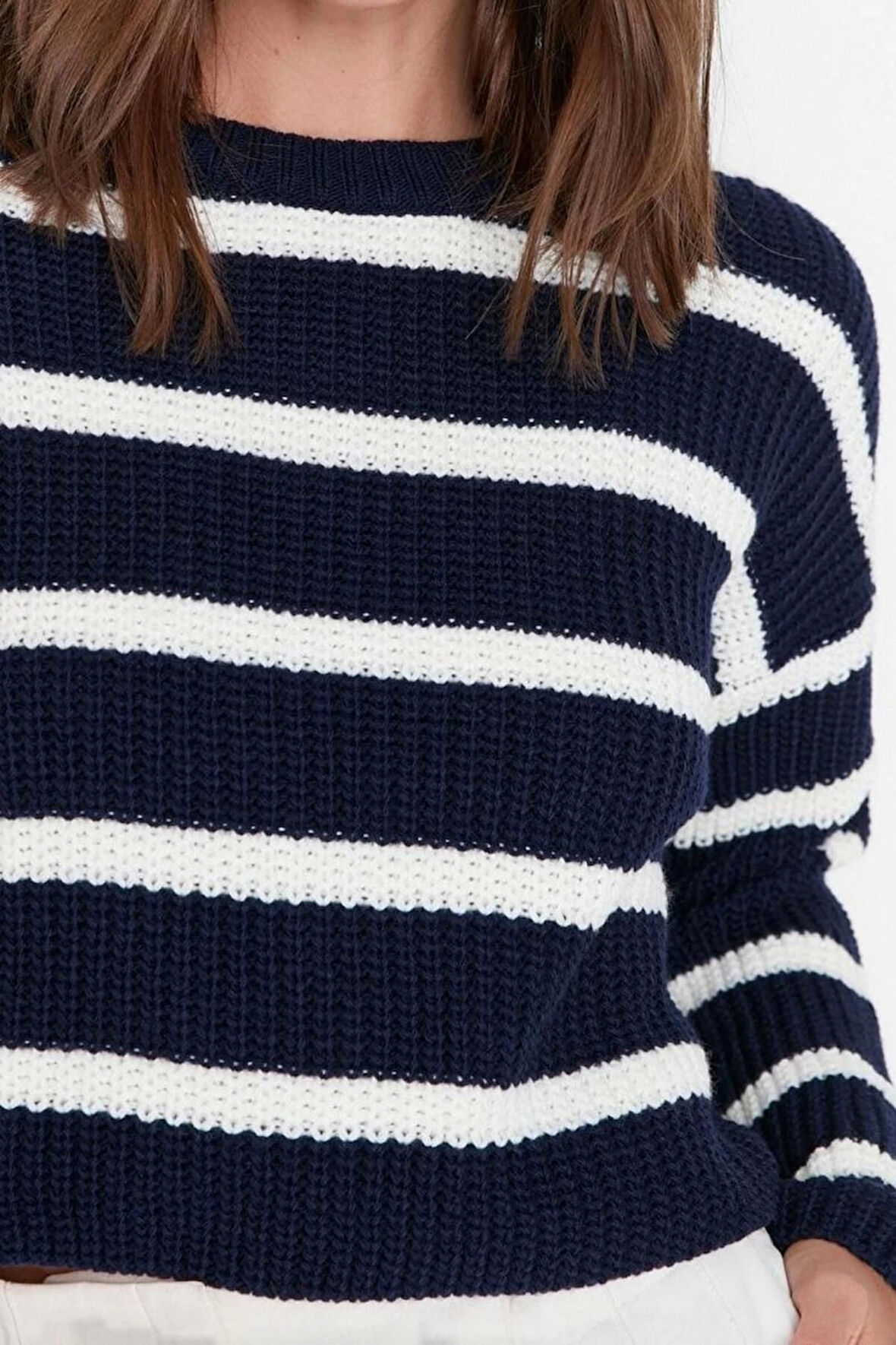 Stil Modern Kadın Crop Düşük Kol Bisiklet Yaka Basic Çizgili Triko Kazak
