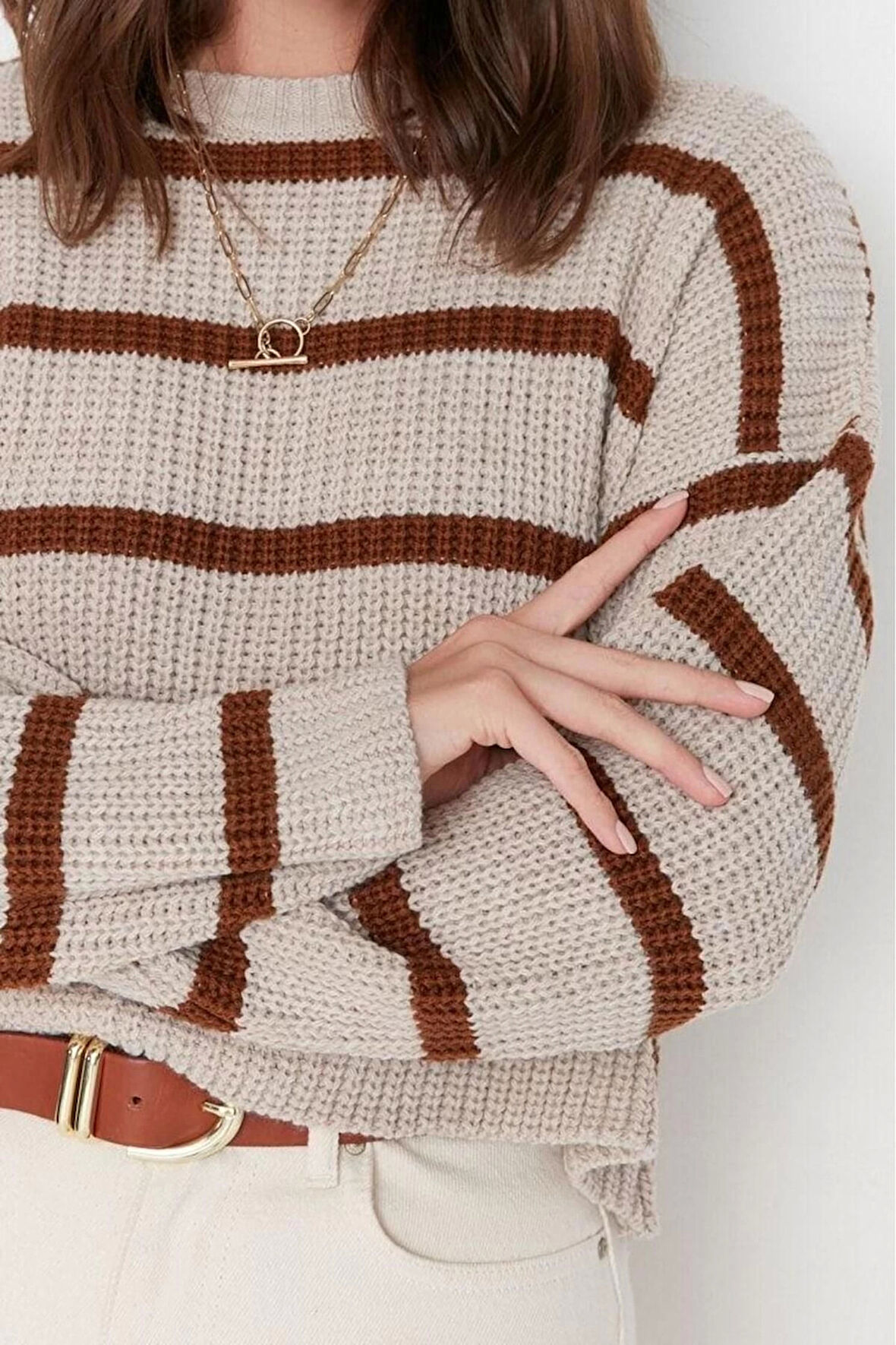 Stil Modern Kadın Crop Düşük Kol Bisiklet Yaka Basic Çizgili Triko Kazak