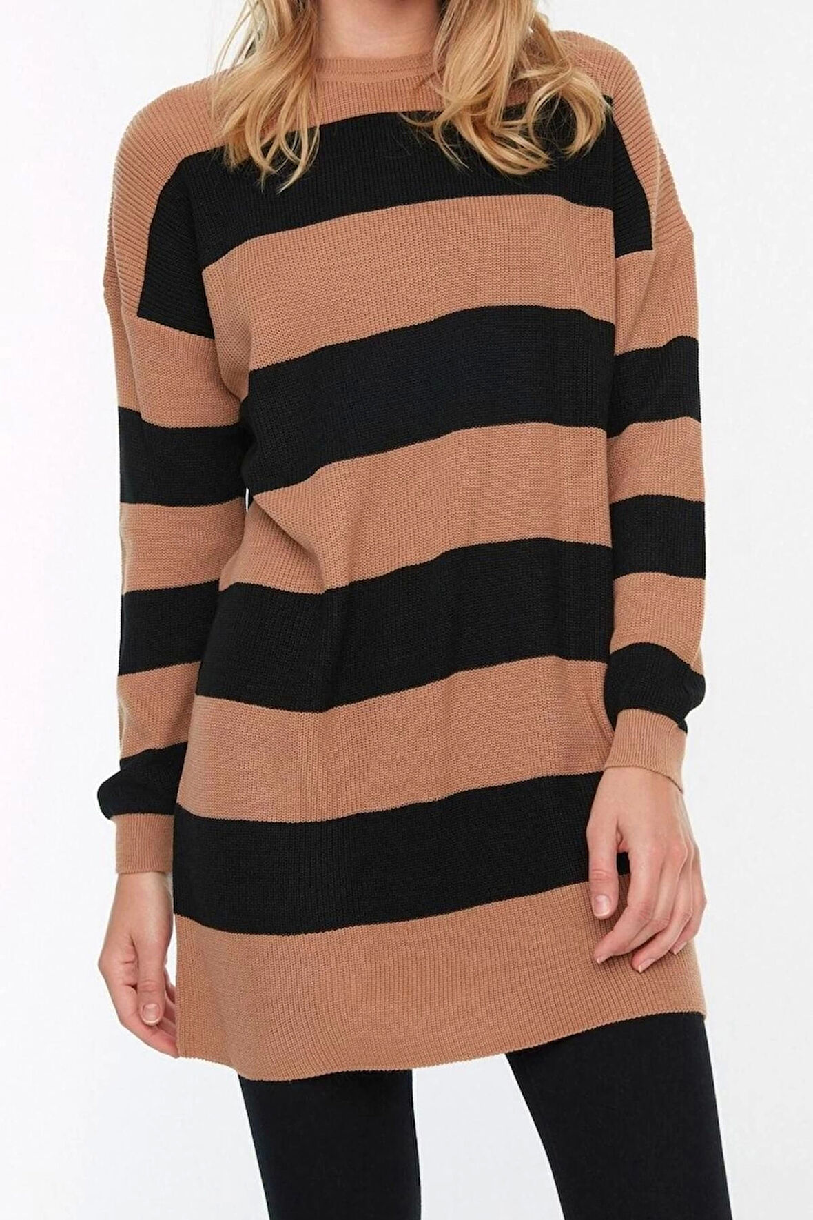 Stil Modern Kadın Midi Düşük Kol Bisiklet Yaka Tesettür Kahverengi Çizgili Triko Kazak