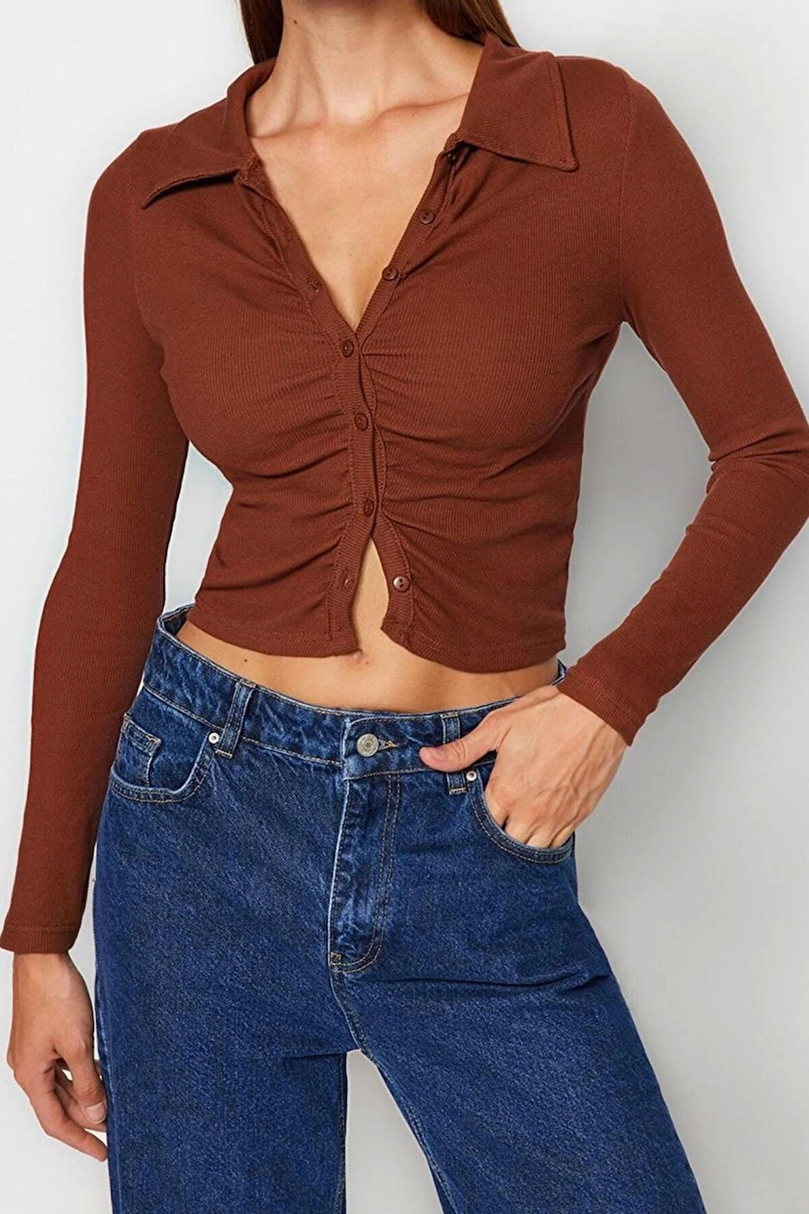 Stil Kadın Fitted Vücuda Oturan Fitilli Pamuklu Esnek Bluz Crop Örme Slim Kalıp