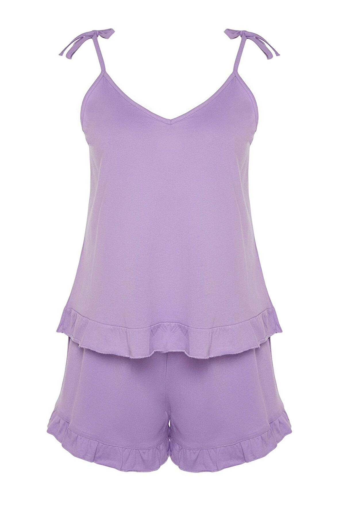 Tarz Rahat Büyük Beden Uzun Kollu Geniş Paça Fırfır Detaylı Askılı Örme Pijama Takımı