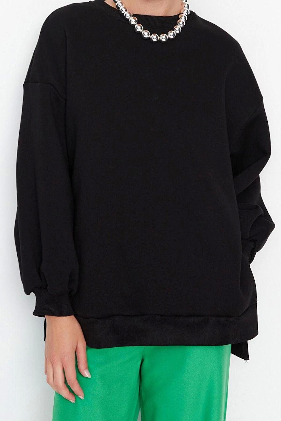 Oversize Bisiklet Yaka Düşük Kol Uzun Geniş Kalıp Yırtmaç Kalın İçi Polarlı Örme Sweatshirt