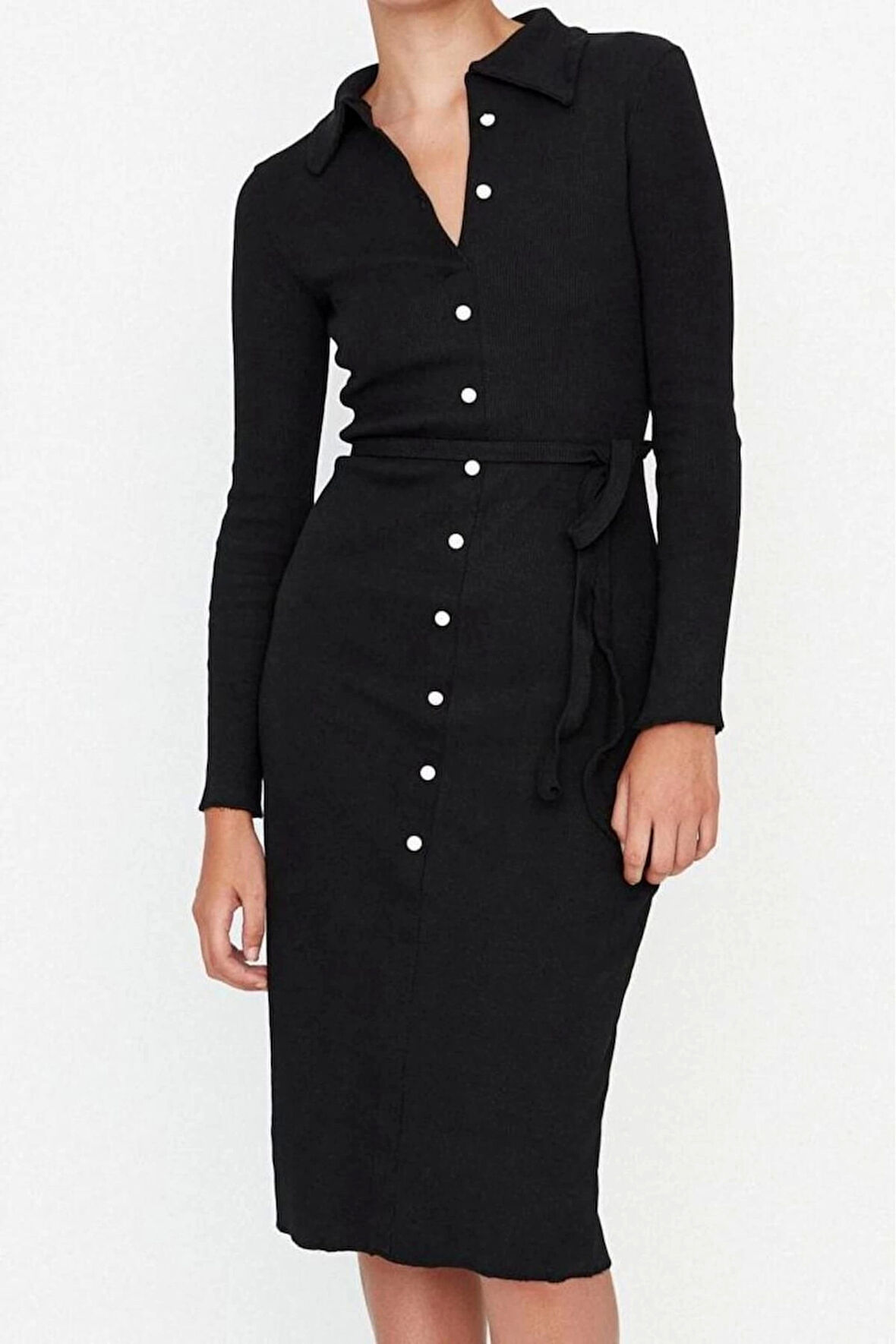 Moda Stil Slim Gömlek Yaka Midi Boy Vücuda Oturan Polo Yaka Fitilli Düğmeli Esnek Örme Elbise