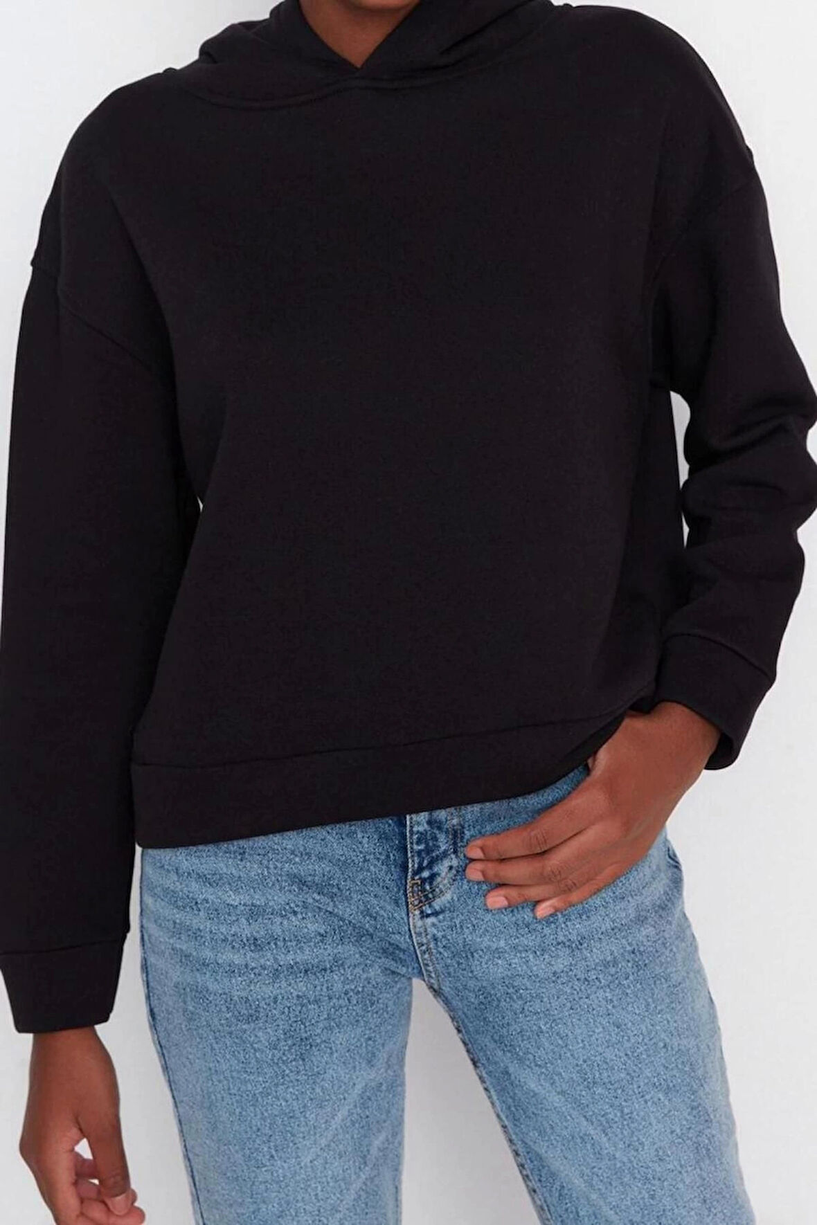 Tarz Regular Kapüşonlu Düşük Kol Regular Normal Kalıp Basic Kalın İçi Polarlı Örme Sweatshirt