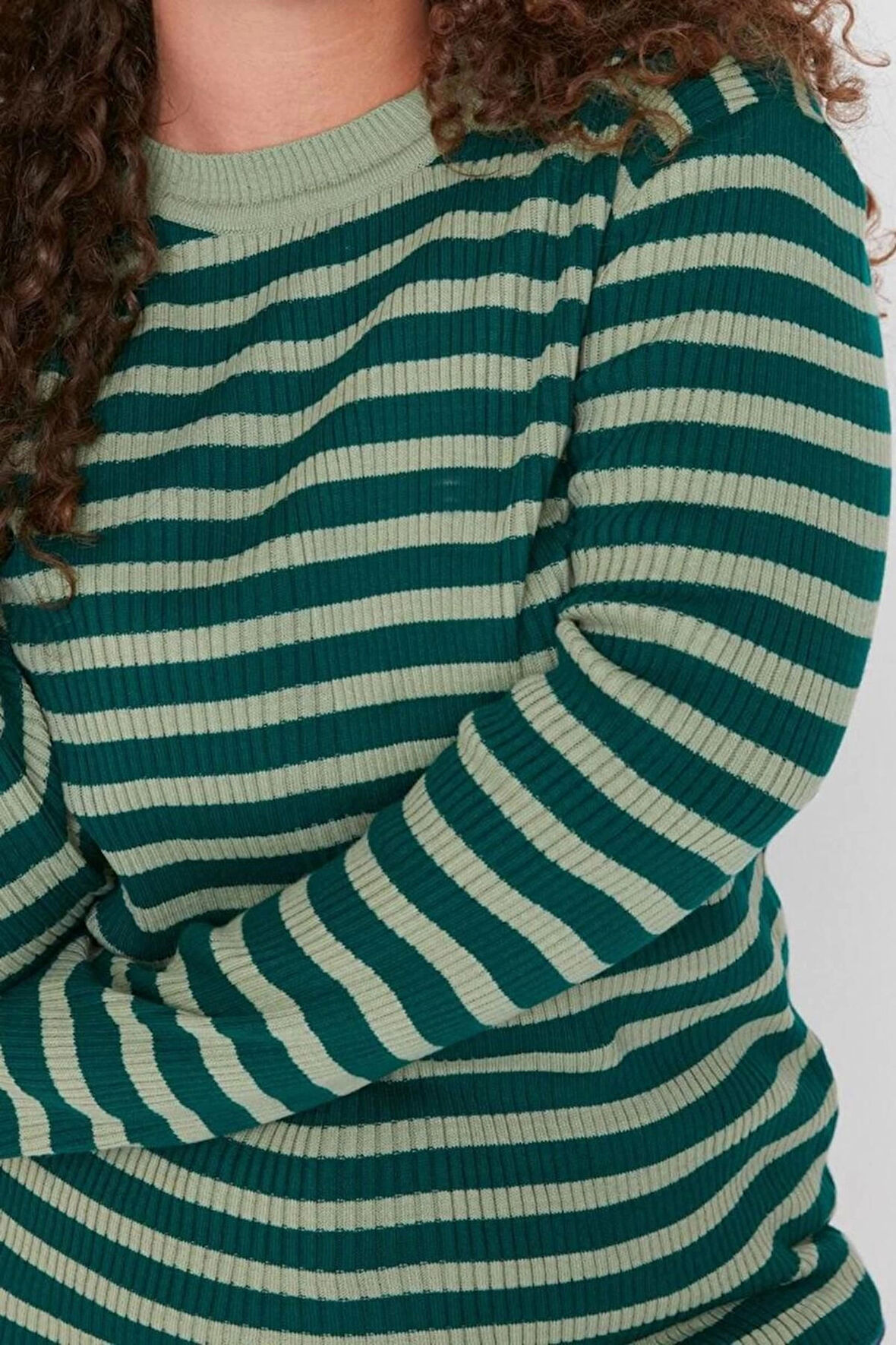 Stil Kadın Regular Standart Kol Bisiklet Yaka Büyük Beden Çizgili Fitilli Vücudu Saran Triko Kazak