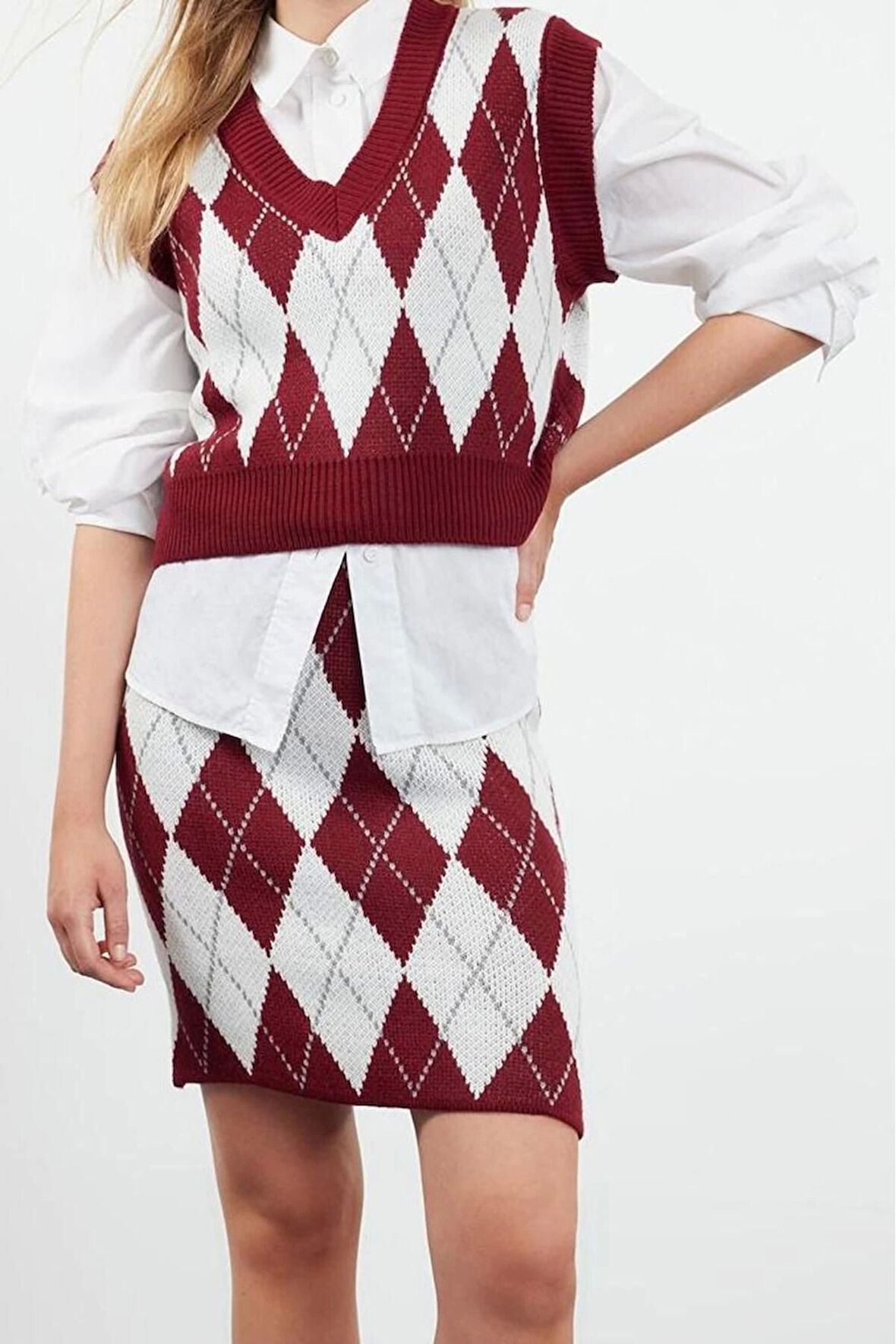 Tarz Kadın Modern Moda Normal Bel Geniş Paça V Yaka Crop Desenli Jakarlı Triko Alt-Üst Takım